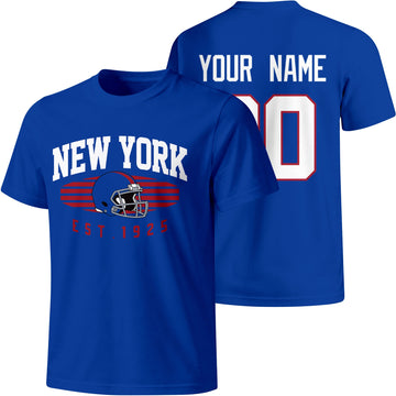 New York Blue personalized football T shirt in Royal showing front city design and back custom name and number