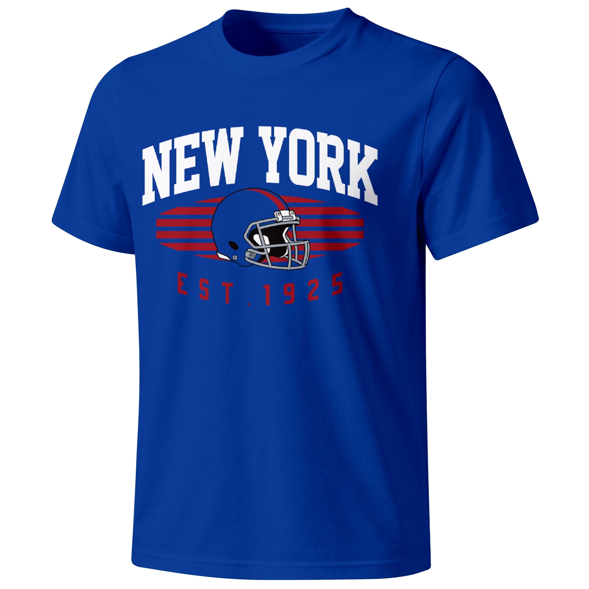 New York Blue football T shirt in Royal showing the front city and football design