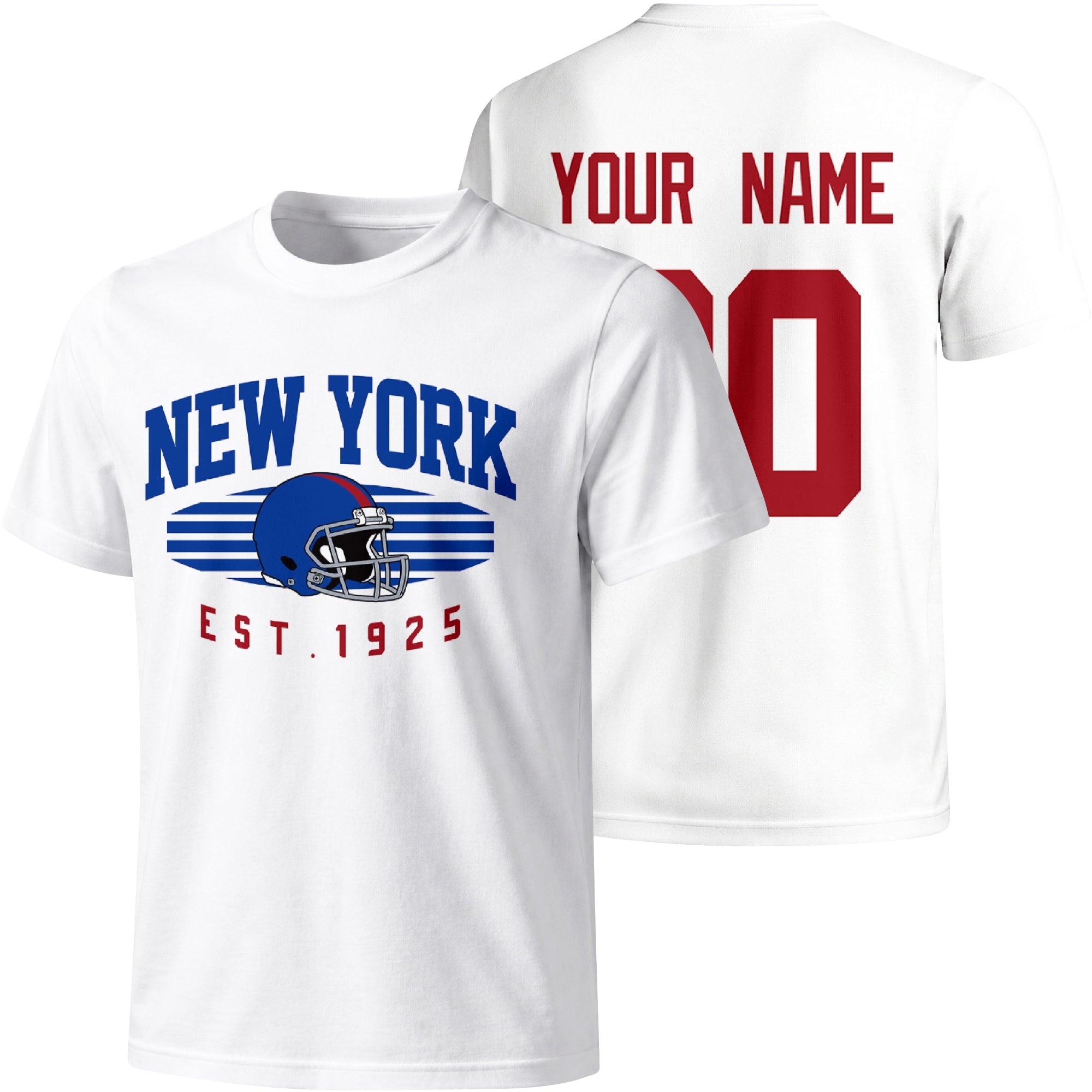 New York Blue personalized football T shirt in White showing front city design and back custom name and number