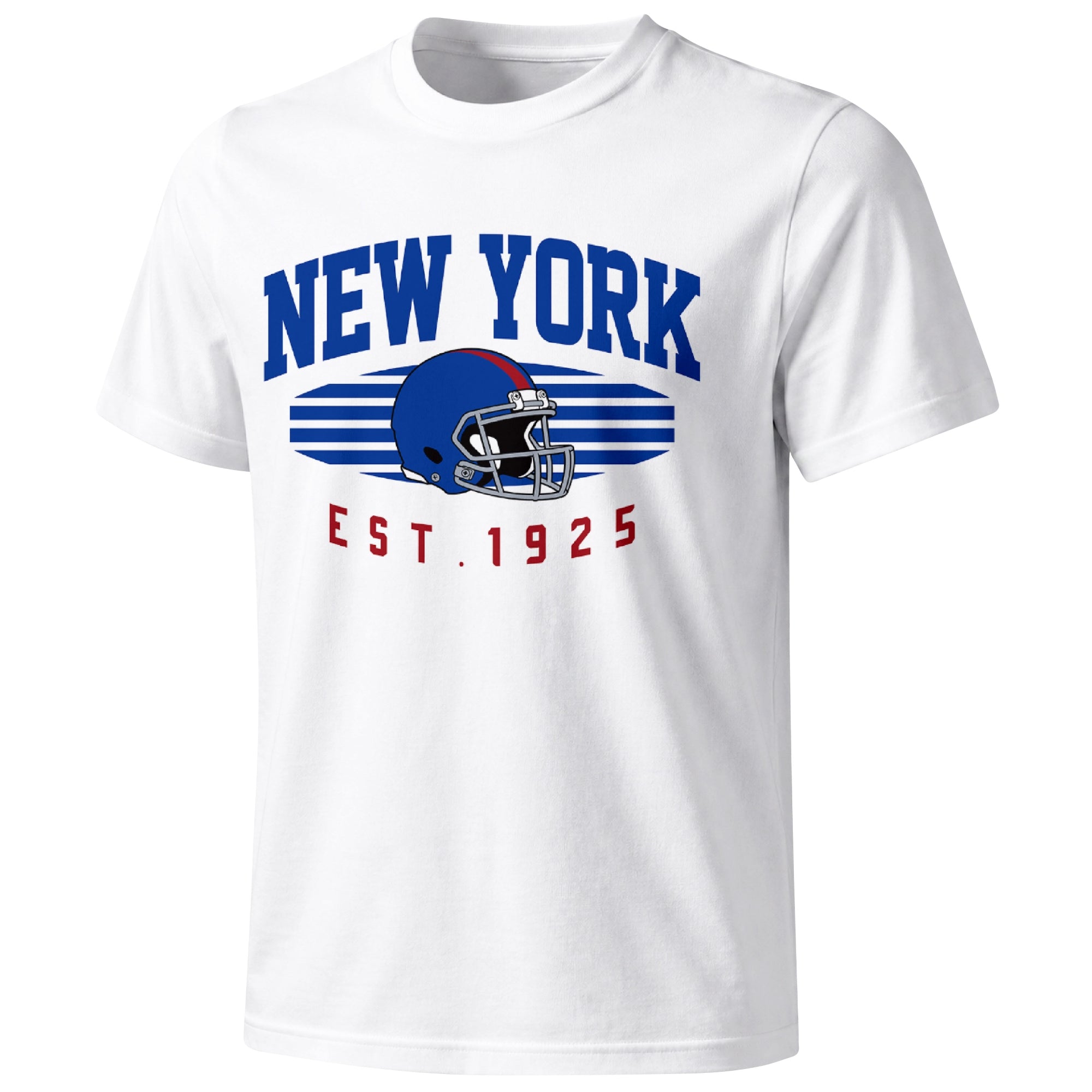 New York Blue football T shirt in White showing the front city and football design