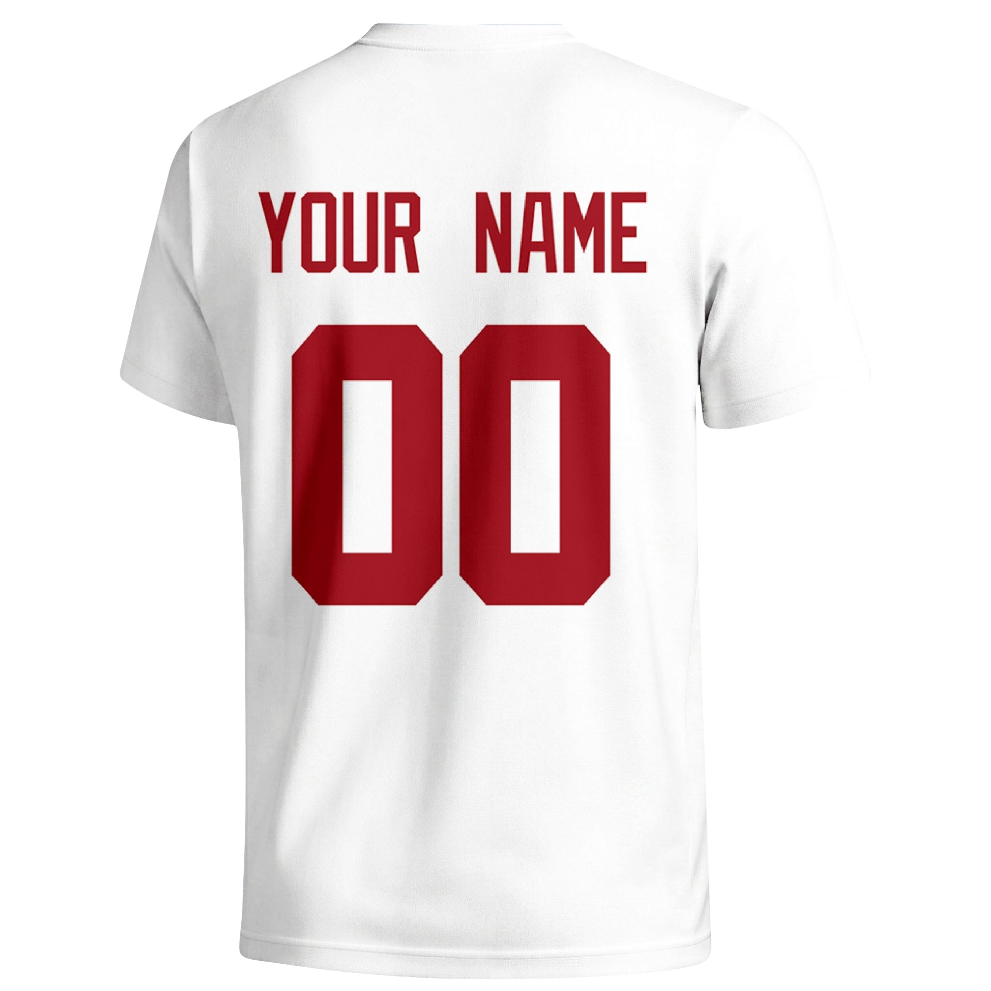 New York Blue personalized football T shirt in White showing the back custom name and number