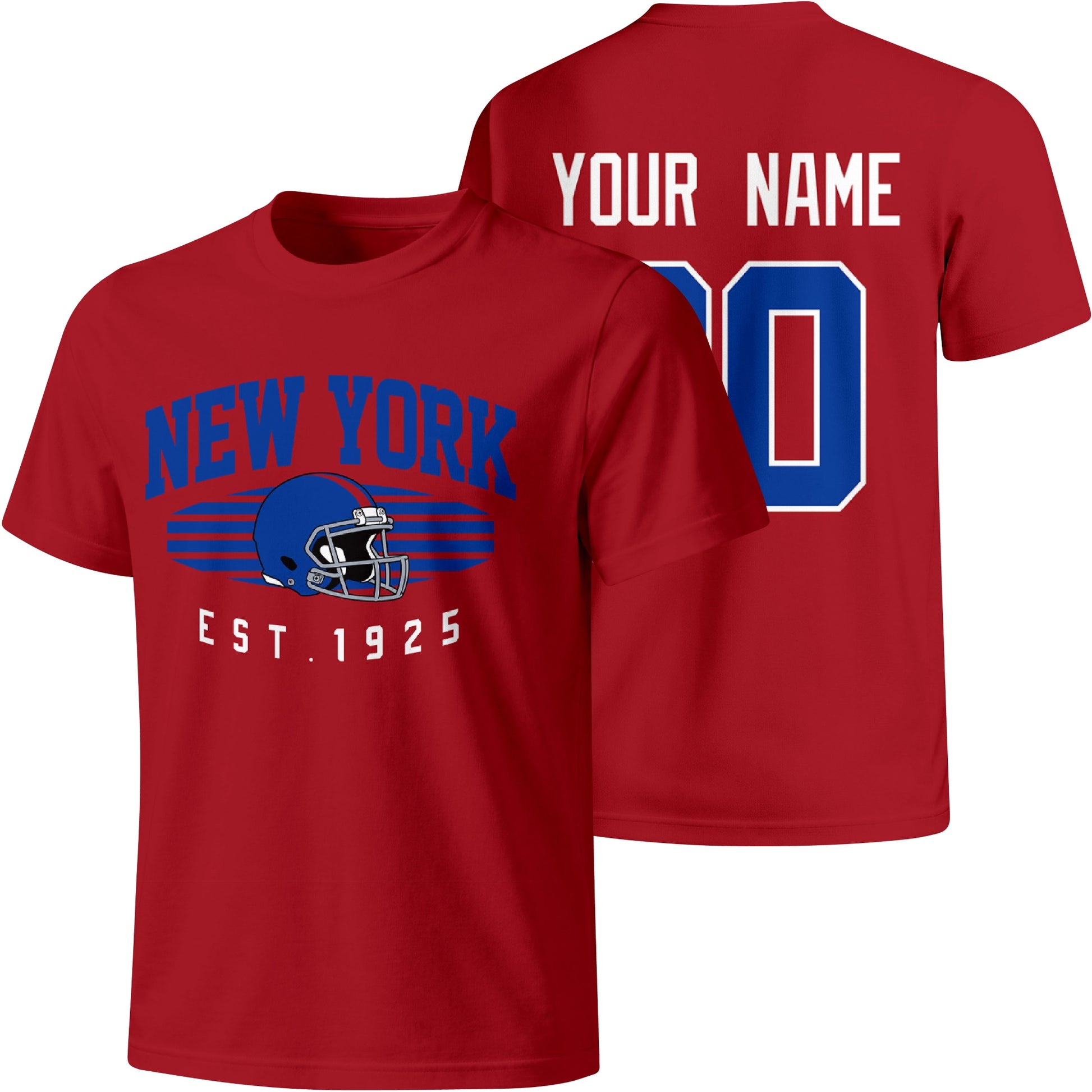 New York Blue personalized football T shirt in Red showing front city design and back custom name and number