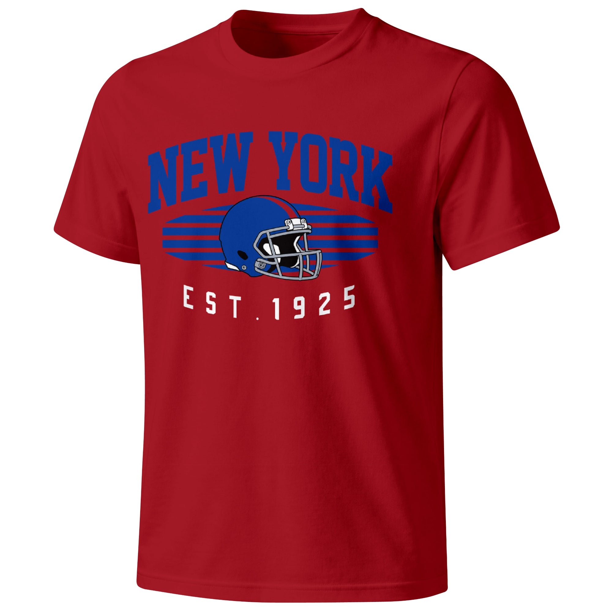 New York Blue football T shirt in Red showing the front city and football design