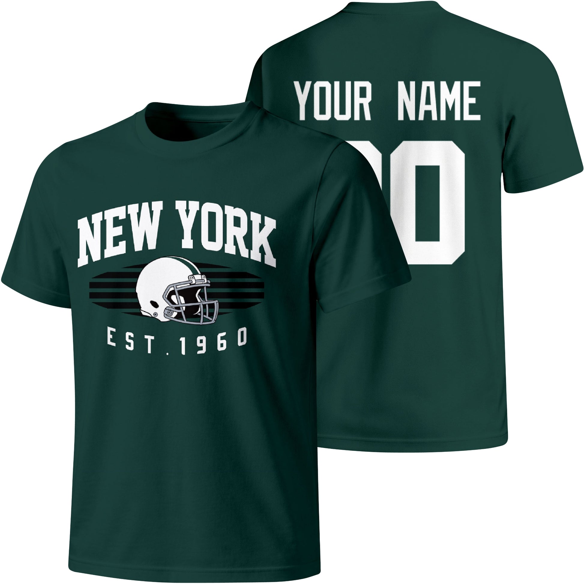 New York Green personalized football T shirt in Green showing front city design and back custom name and number