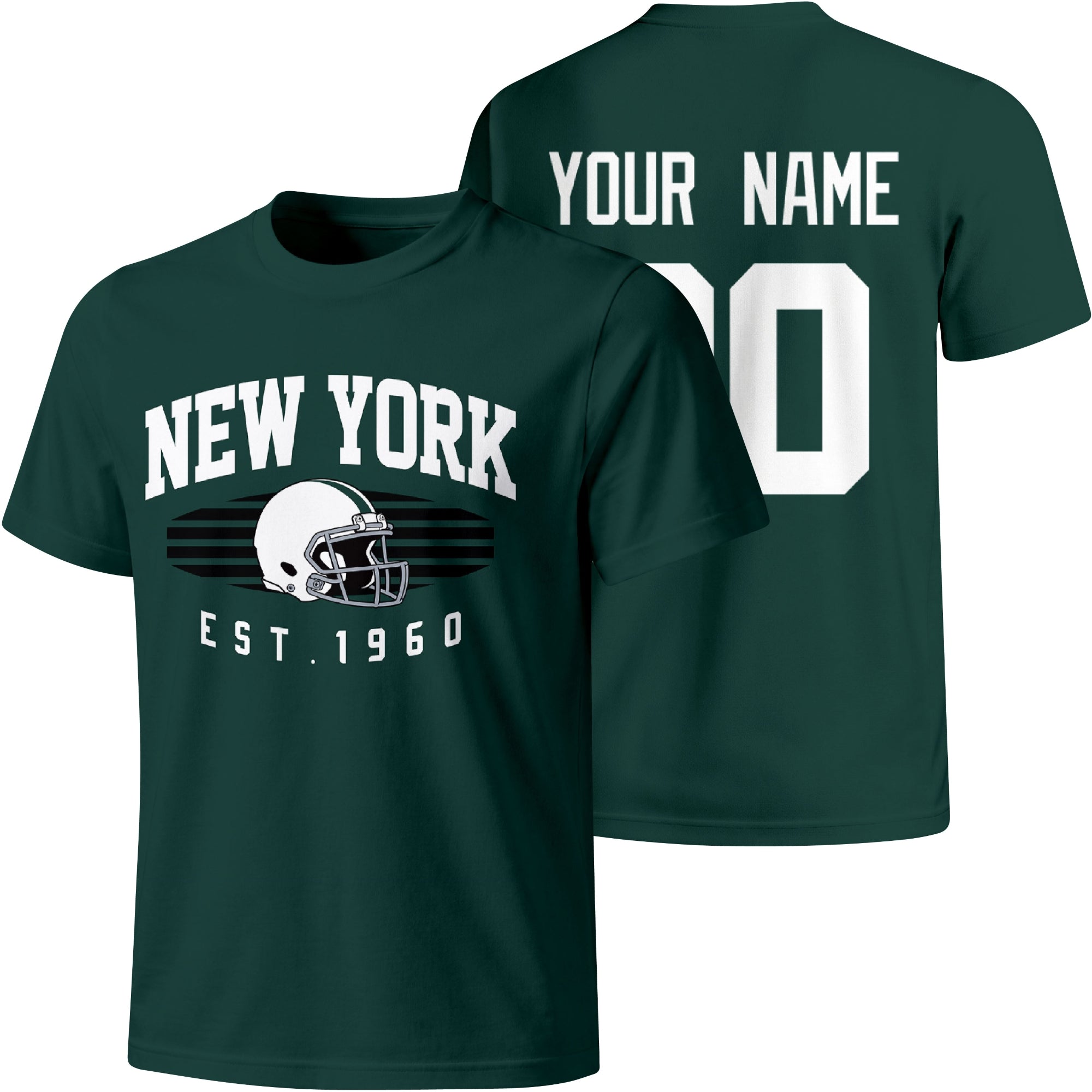 New York Green personalized football T shirt in Green showing front city design and back custom name and number