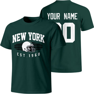 New York Green personalized football T shirt in Green showing front city design and back custom name and number