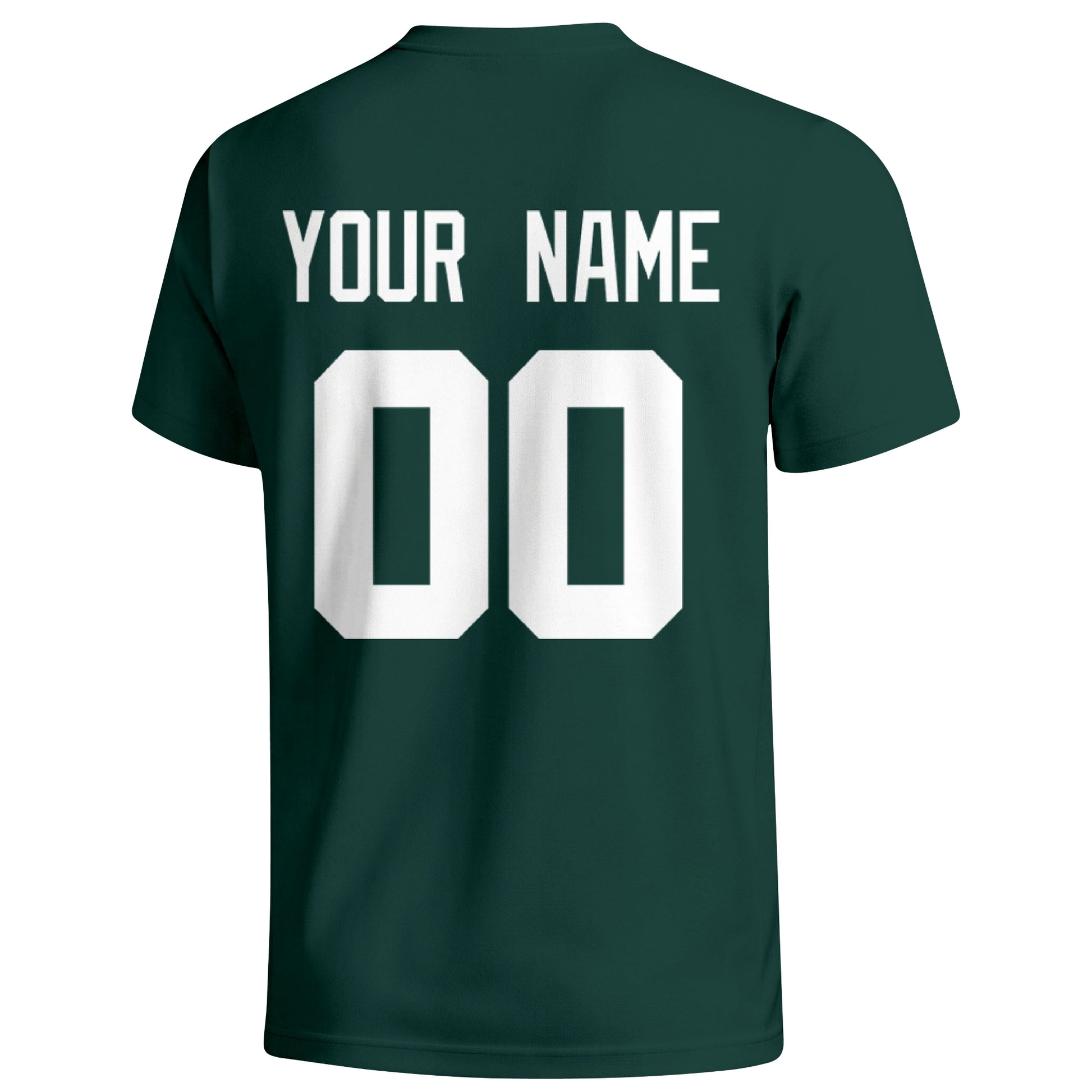 New York Green personalized football T shirt in Green showing the back custom name and number