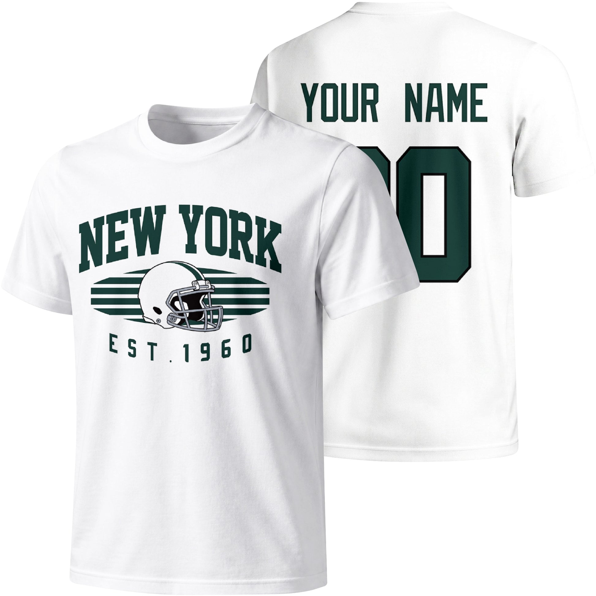 New York Green personalized football T shirt in White showing front city design and back custom name and number