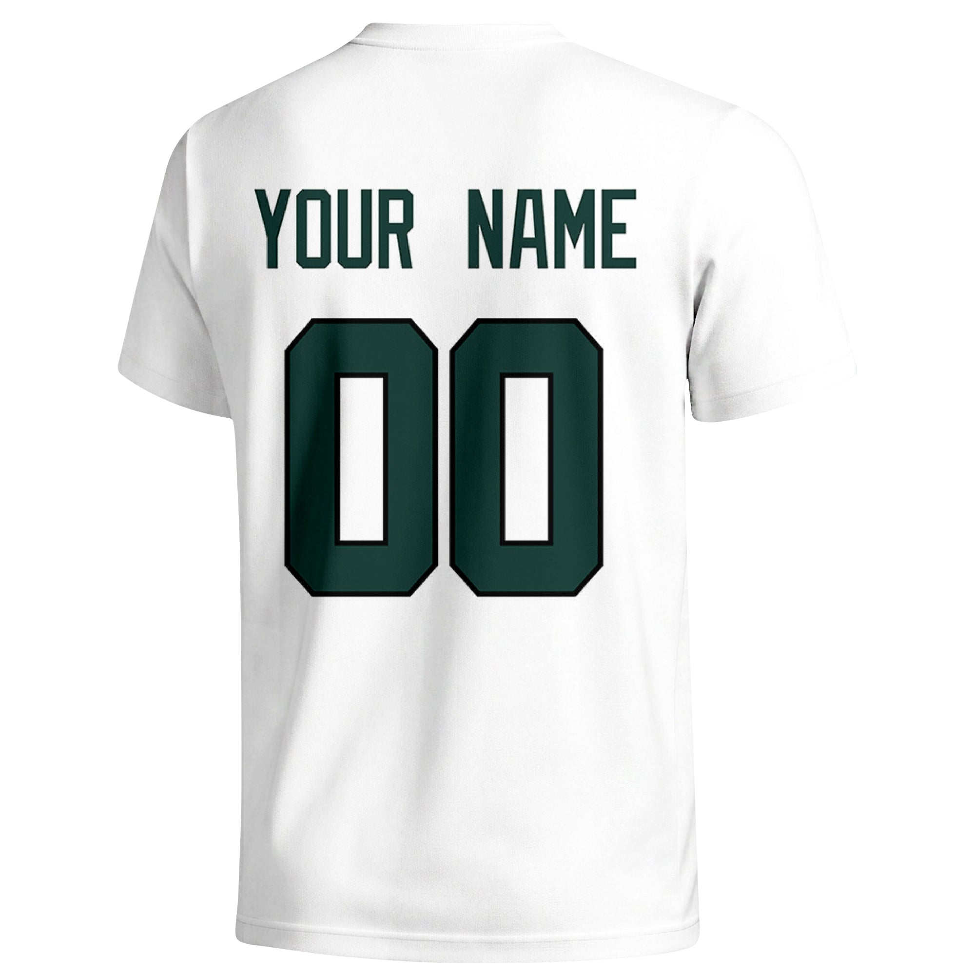 New York Green personalized football T shirt in White showing the back custom name and number