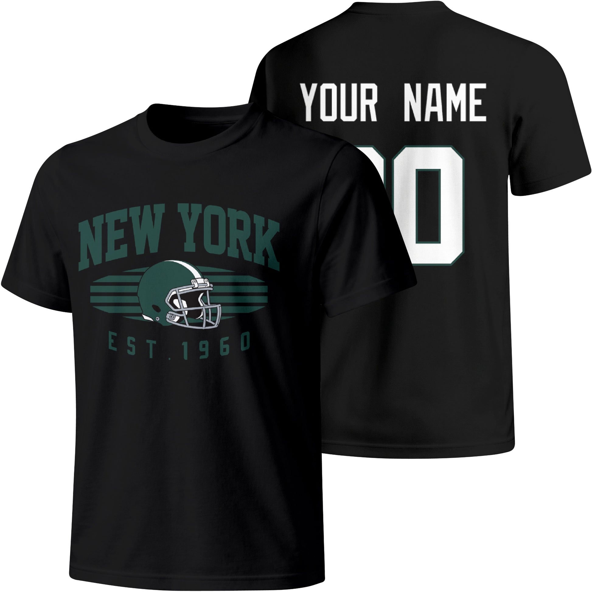 New York Green personalized football T shirt in Black showing front city design and back custom name and number