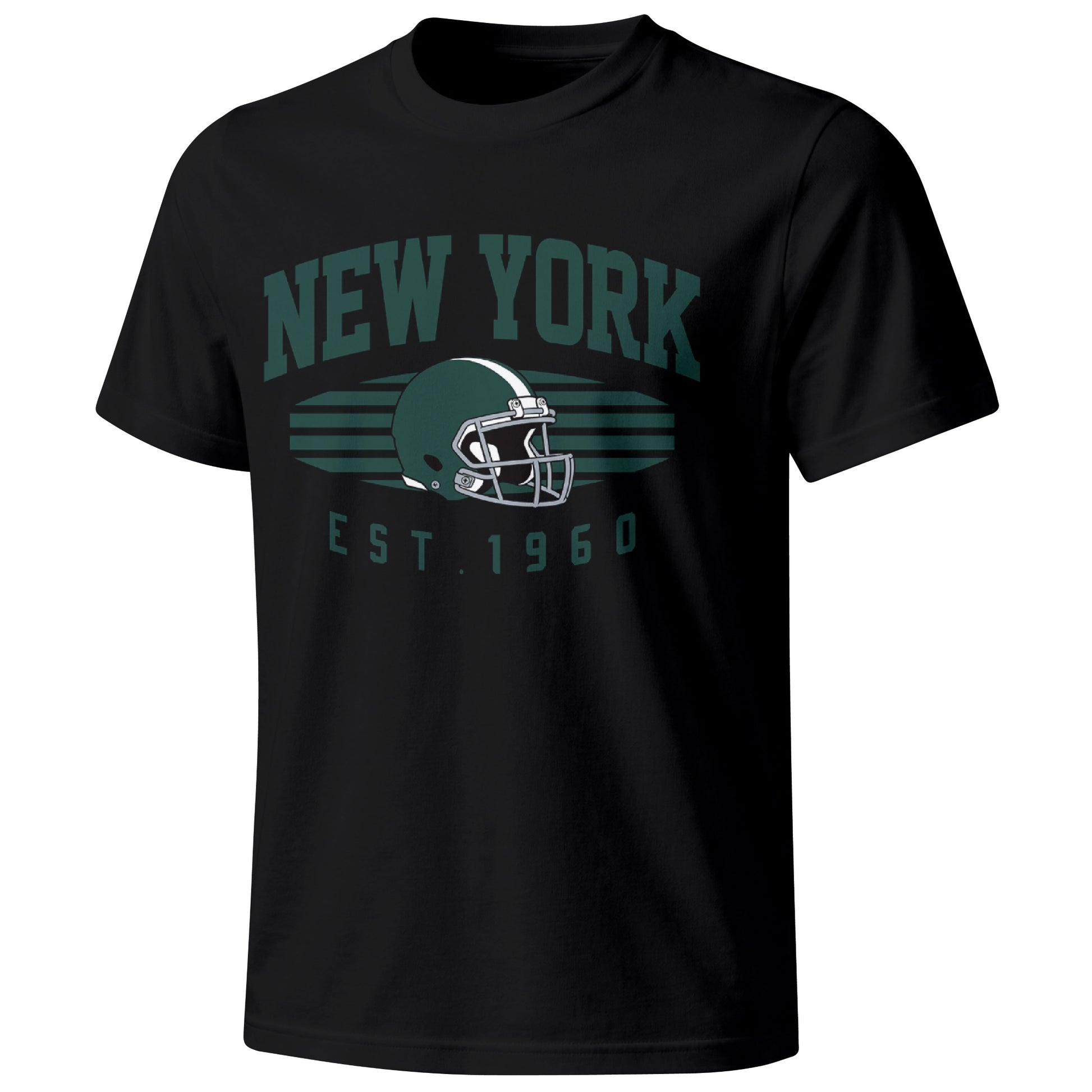 New York Green football T shirt in Black showing the front city and football design