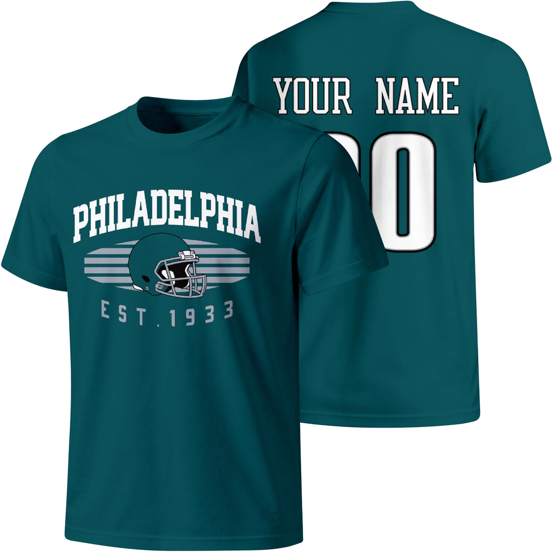 Philadelphia personalized football T shirt in Midnight Green showing front city design and back custom name and number