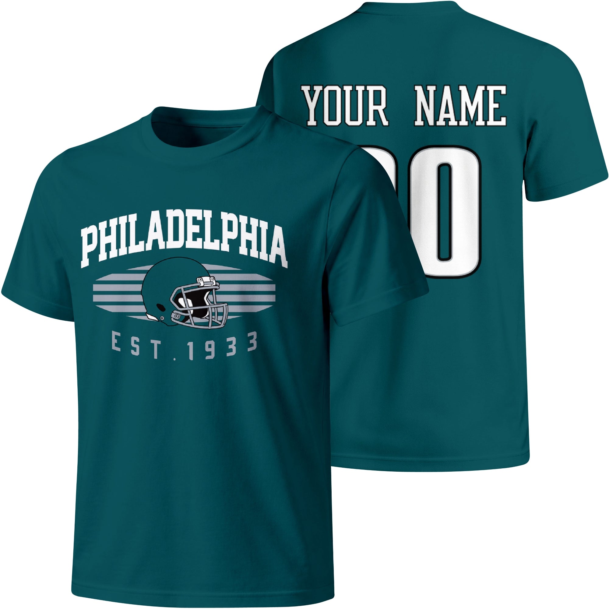 Philadelphia personalized football T shirt in Midnight Green showing front city design and back custom name and number