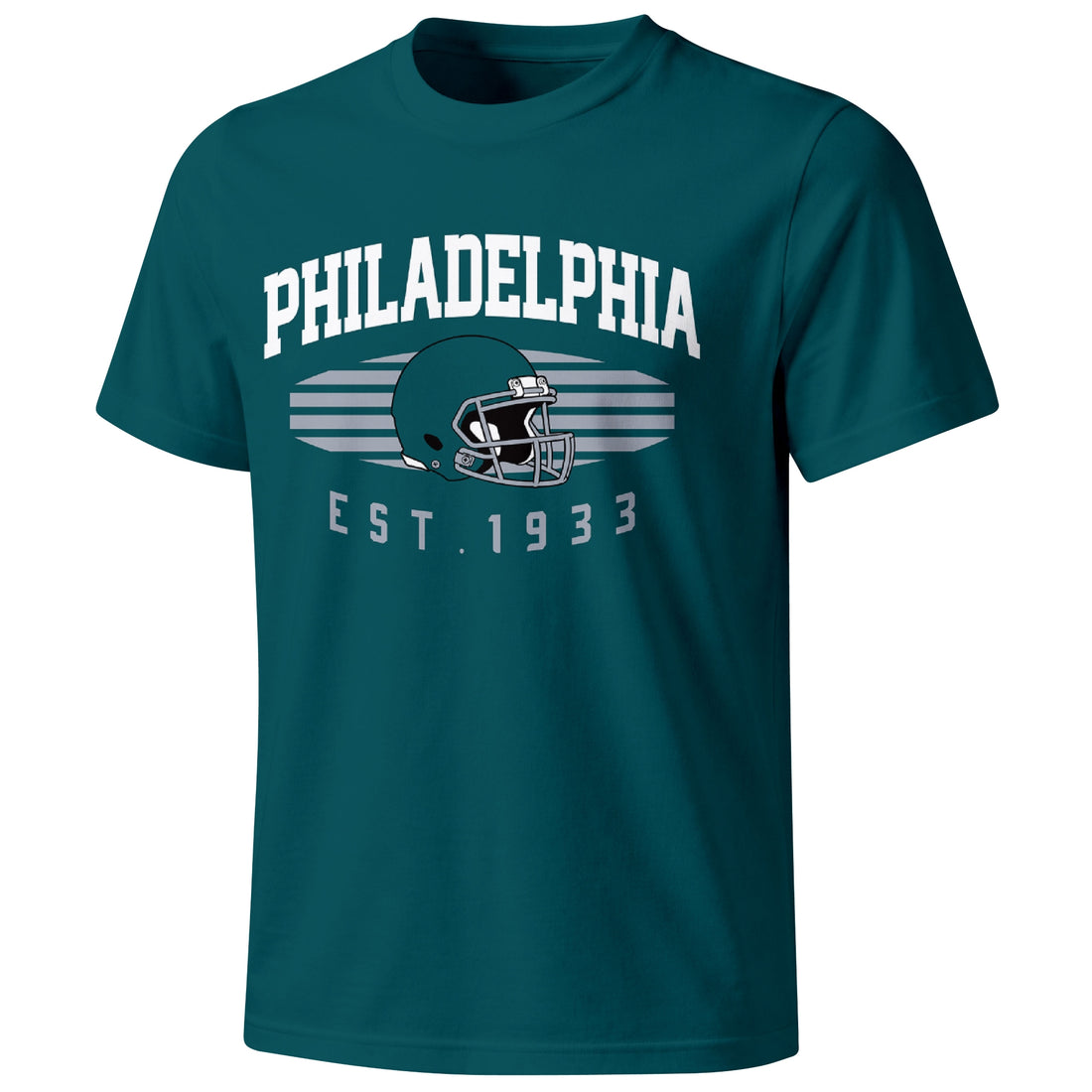 Philadelphia personalized football T shirt in Midnight Green showing front city design and back custom name and number