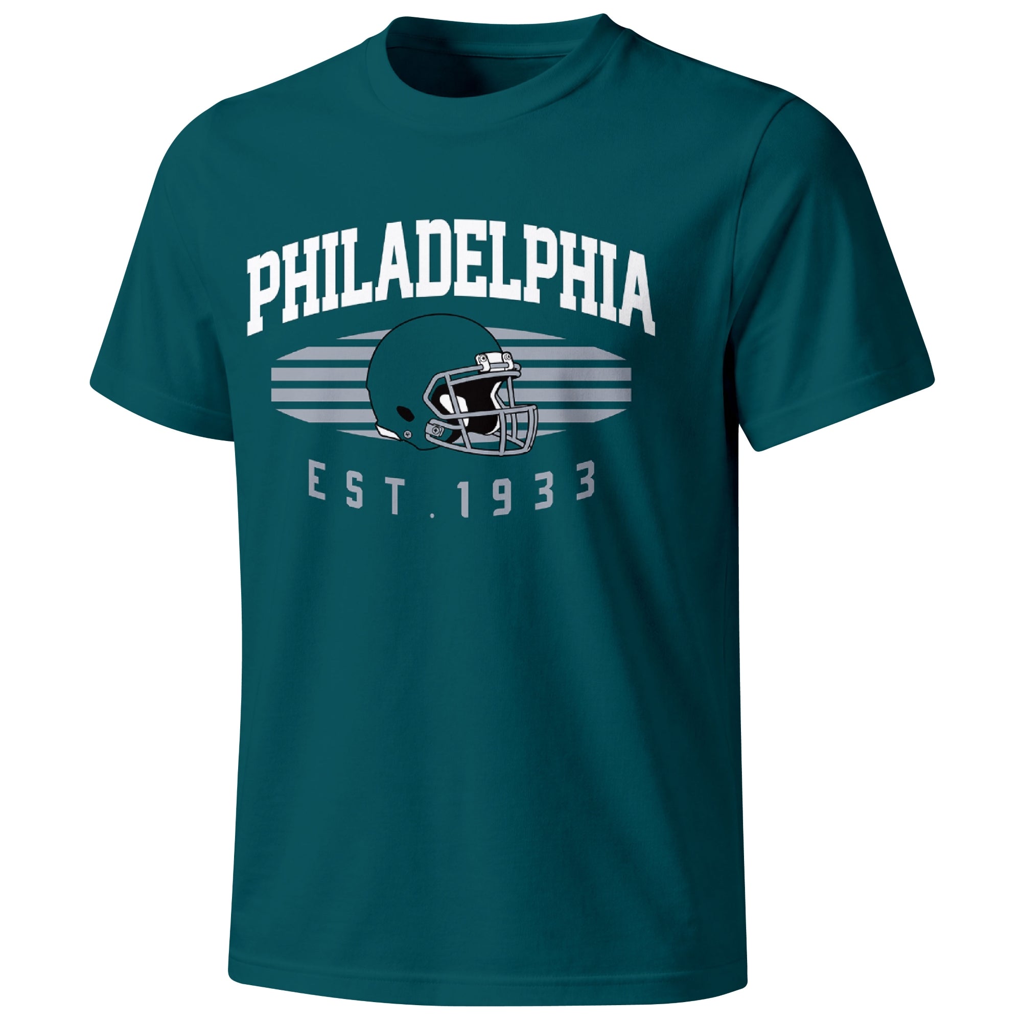 Philadelphia football T shirt in Midnight Green showing the front city and football design