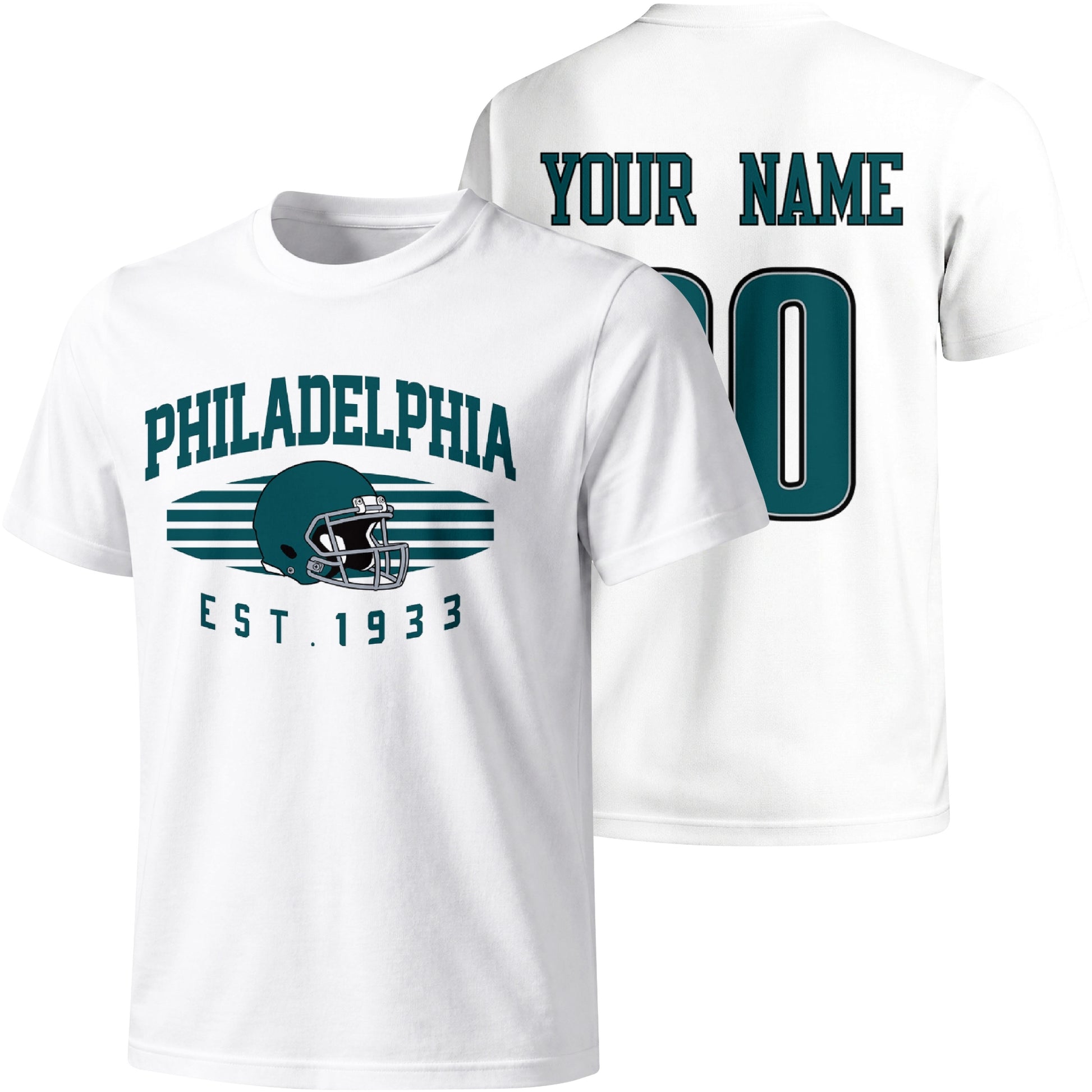 Philadelphia personalized football T shirt in White showing front city design and back custom name and number