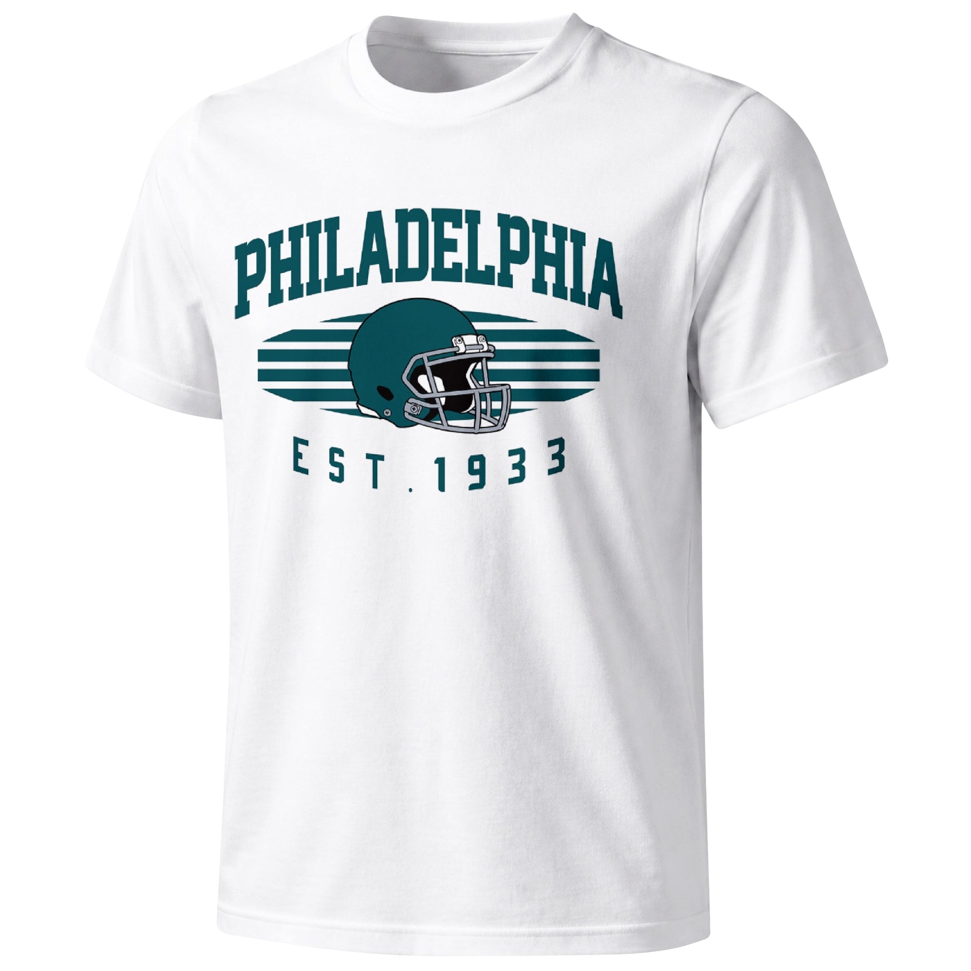 Philadelphia football T shirt in White showing the front city and football design