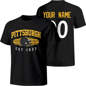 Pittsburgh personalized football T shirt in Black showing front city design and back custom name and number