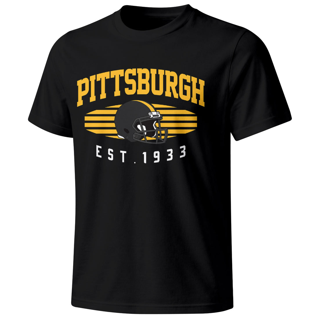 Pittsburgh personalized football T shirt in Black showing front city design and back custom name and number