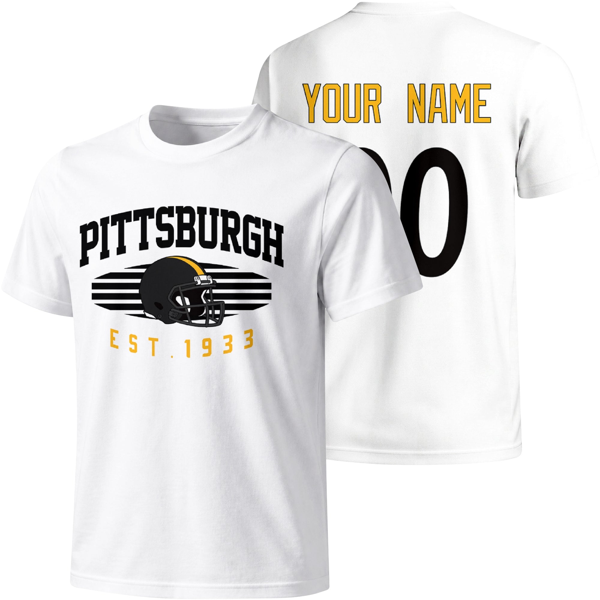 Pittsburgh personalized football T shirt in White showing front city design and back custom name and number