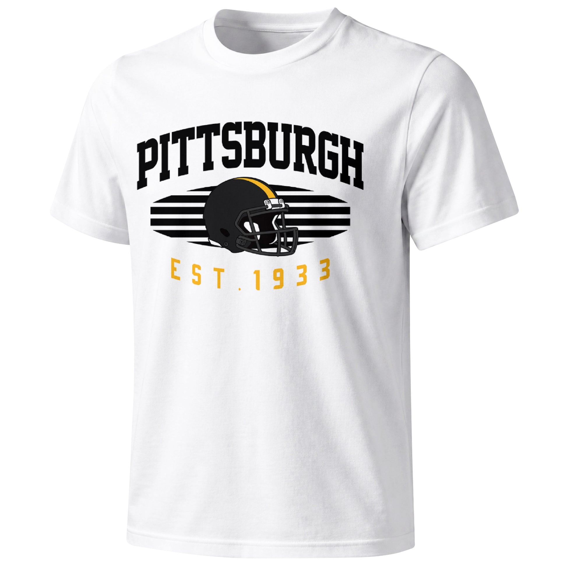 Pittsburgh football T shirt in White showing the front city and football design
