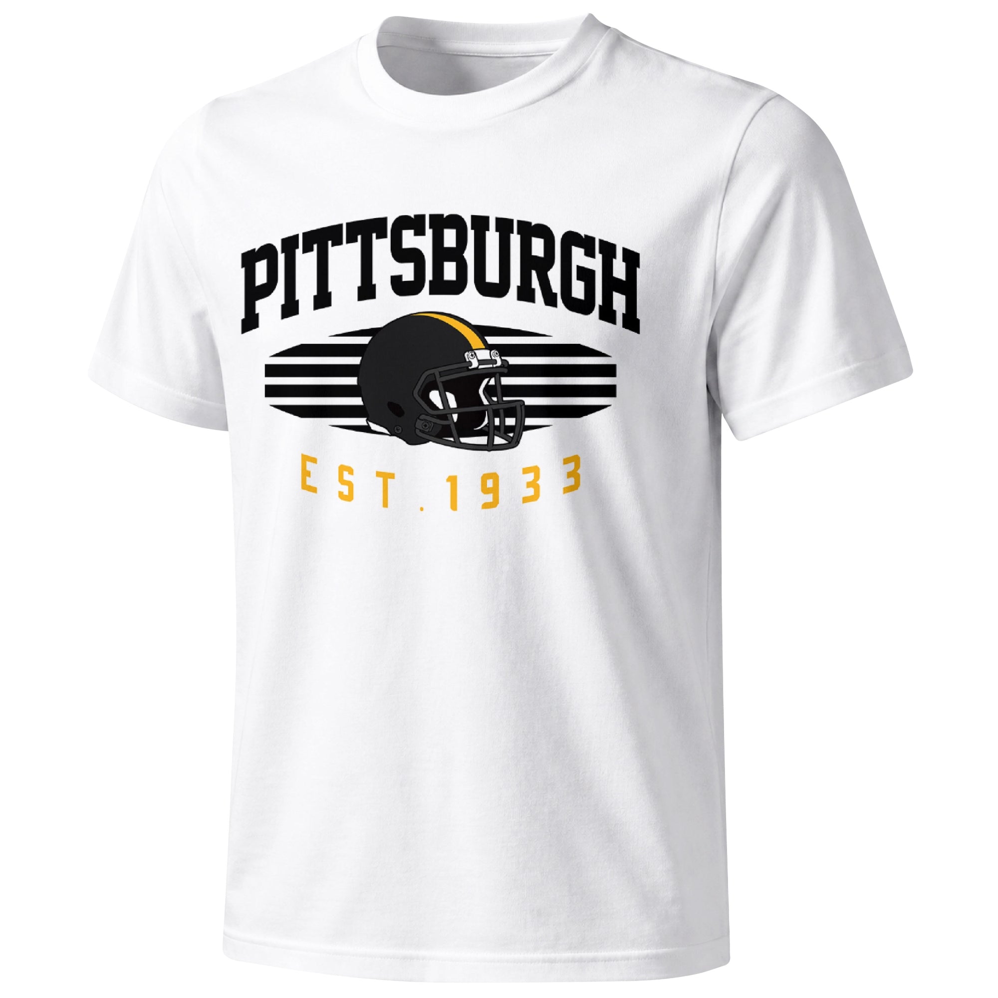 Pittsburgh football T shirt in White showing the front city and football design