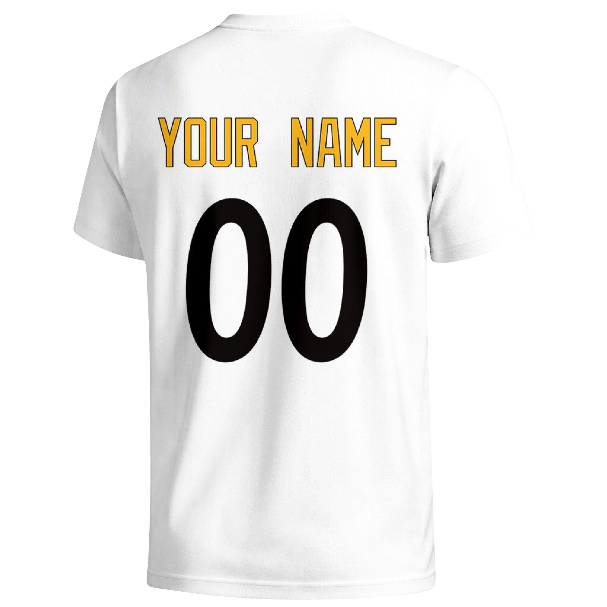 Pittsburgh personalized football T shirt in White showing the back custom name and number
