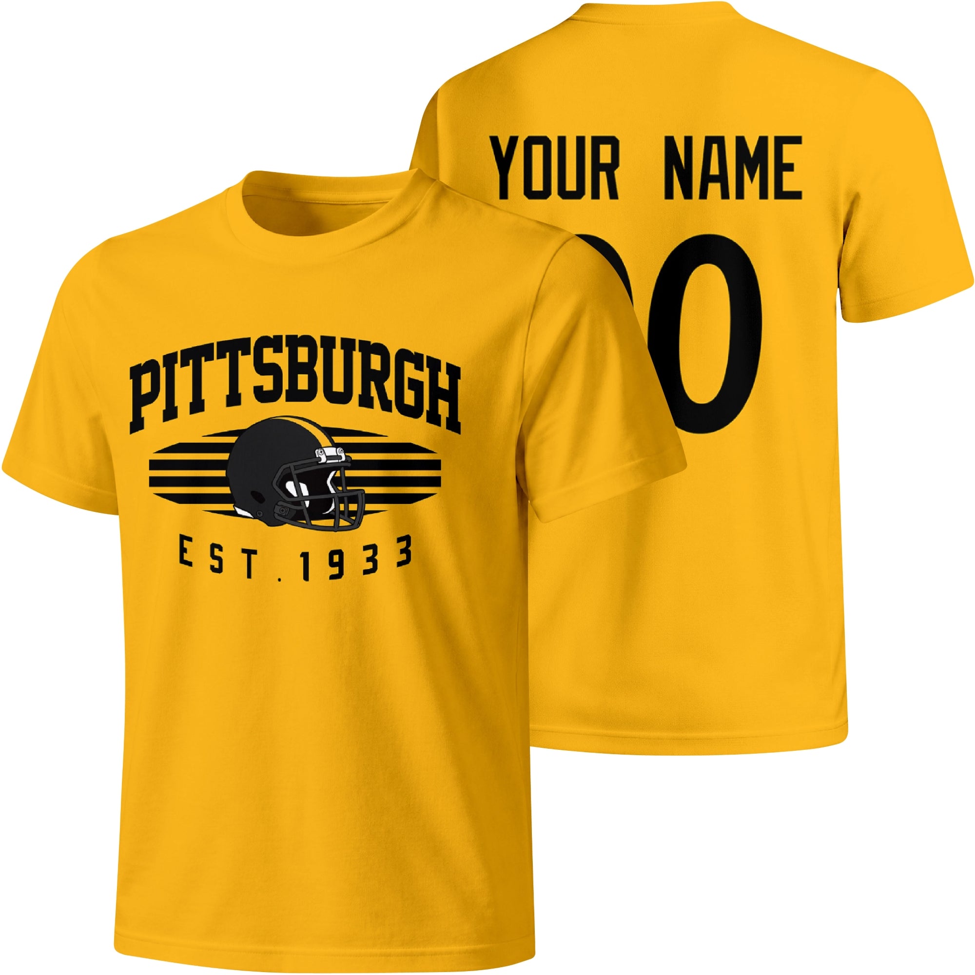 Pittsburgh personalized football T shirt in Gold showing front city design and back custom name and number