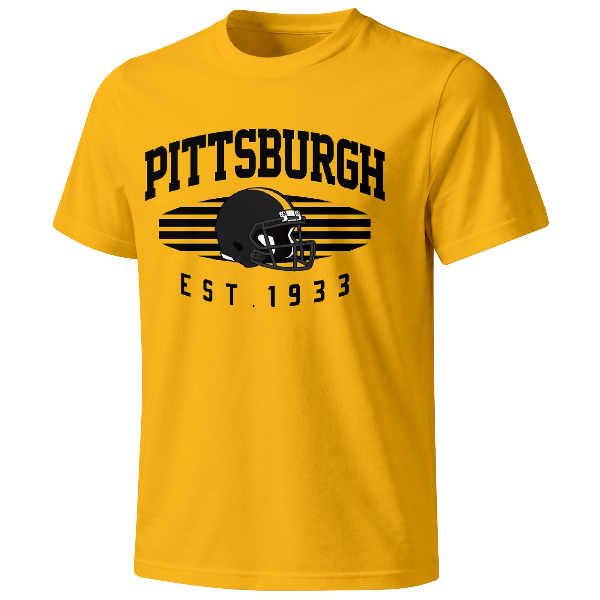 Pittsburgh football T shirt in Gold showing the front city and football design