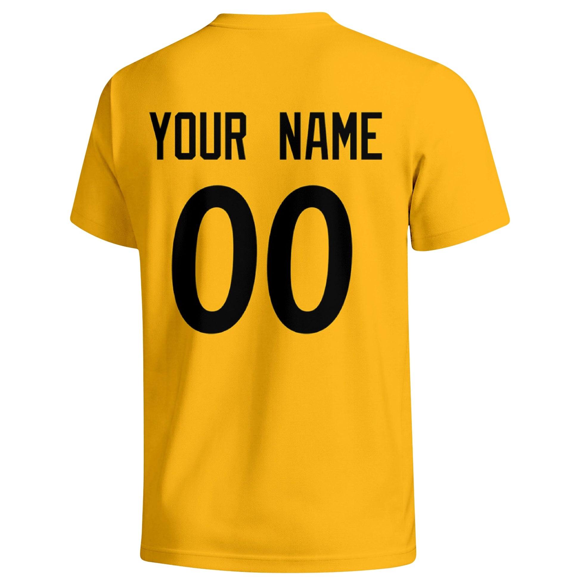 Pittsburgh personalized football T shirt in Gold showing the back custom name and number