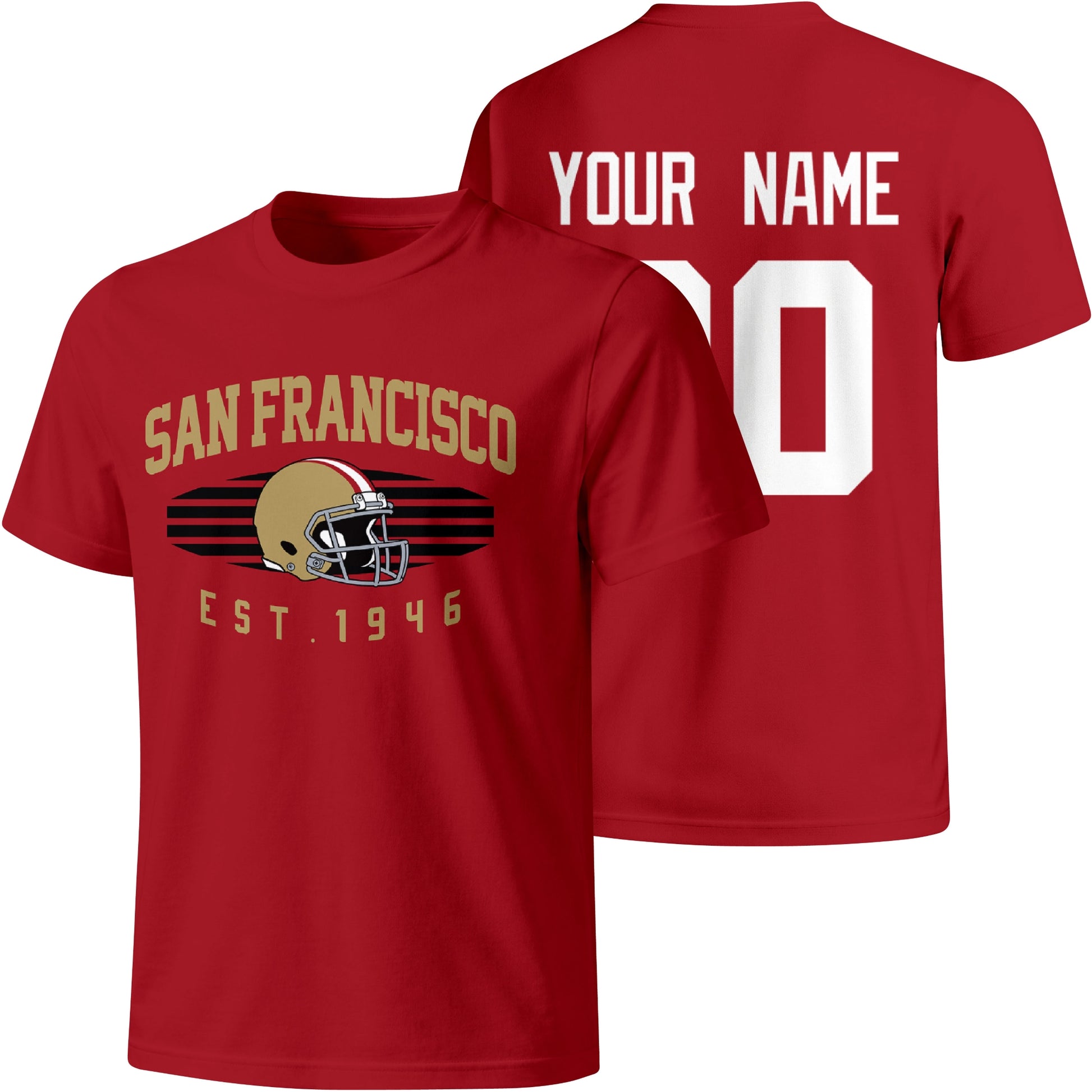 San Francisco personalized football T shirt in Scarlet showing front city design and back custom name and number