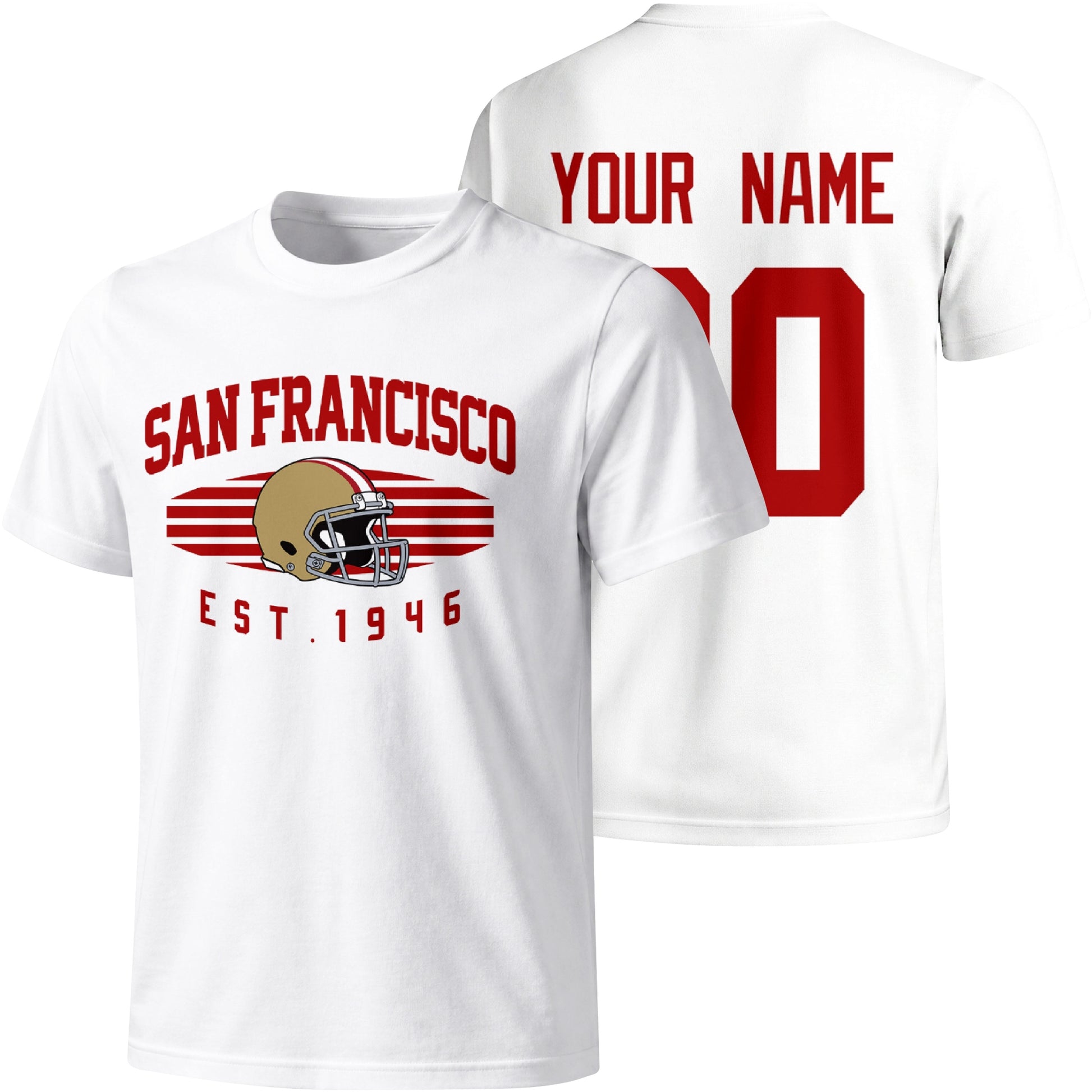 San Francisco personalized football T shirt in White showing front city design and back custom name and number