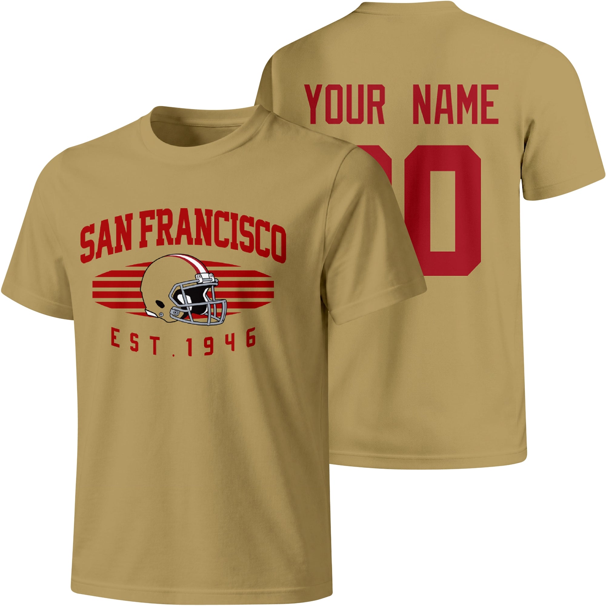 San Francisco personalized football T shirt in Gold showing front city design and back custom name and number