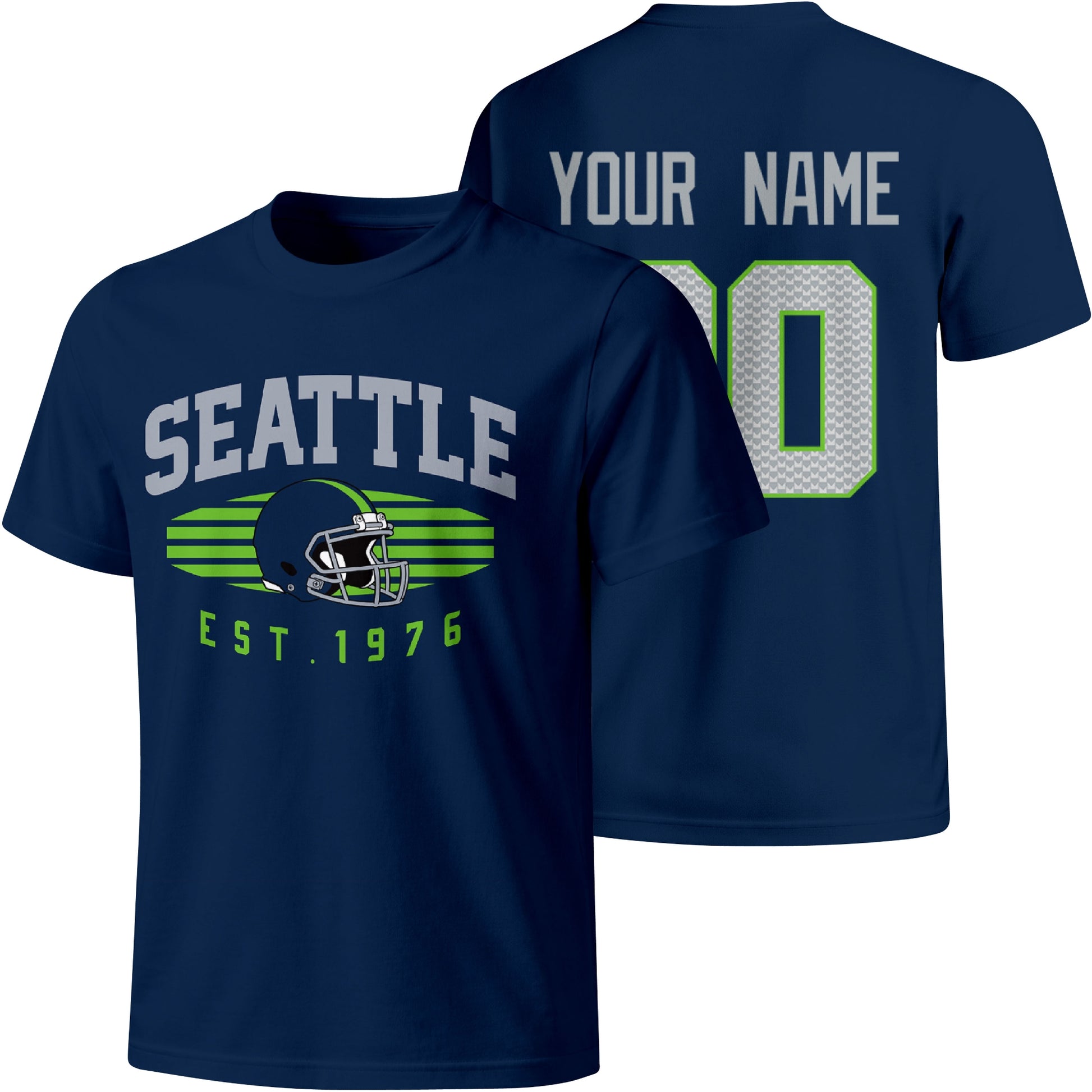 Seattle personalized football T shirt in Navy showing front city design and back custom name and number