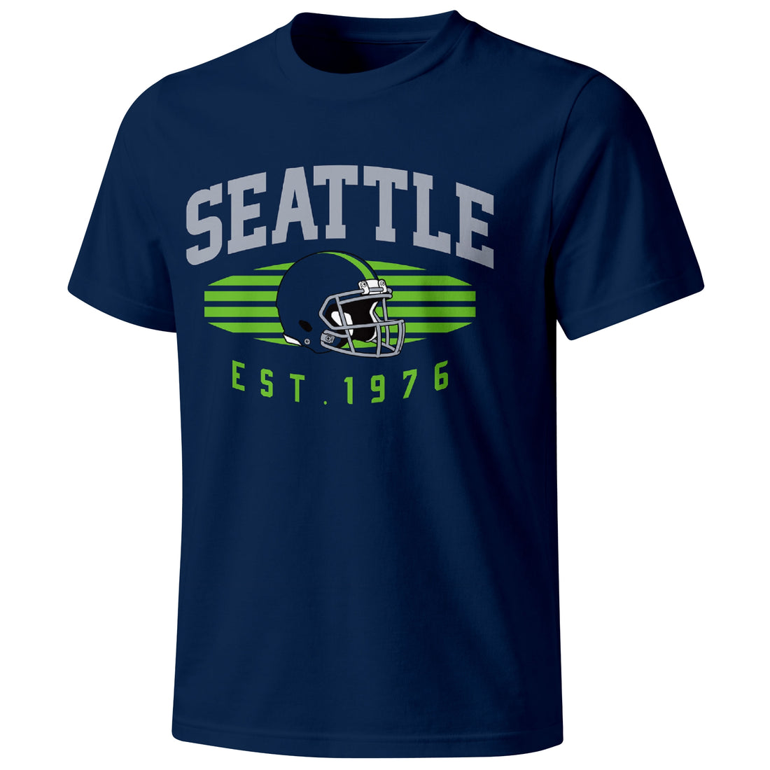 Seattle personalized football T shirt in Navy showing front city design and back custom name and number