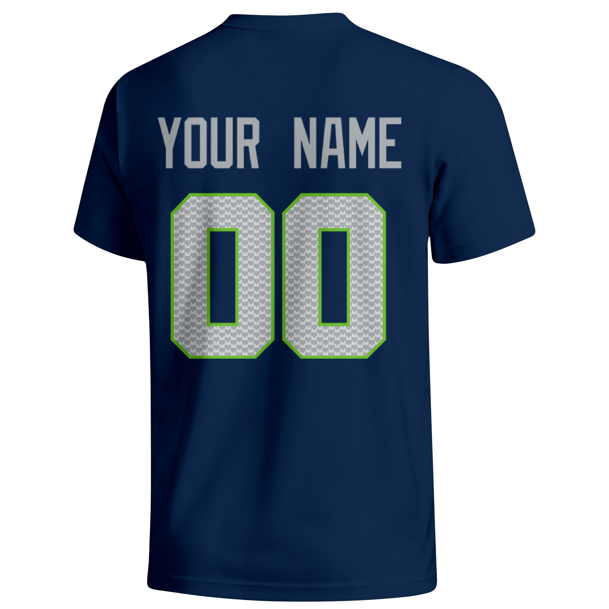 Seattle personalized football T shirt in Navy showing the back custom name and number