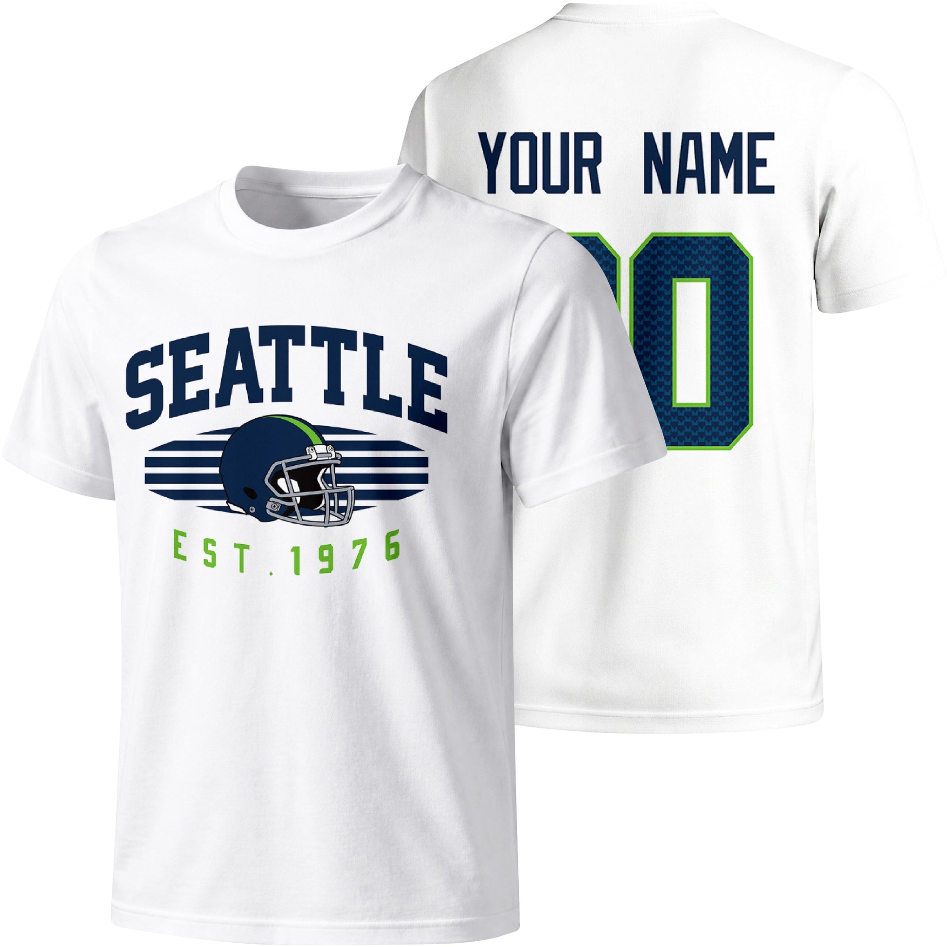 Seattle personalized football T shirt in White showing front city design and back custom name and number