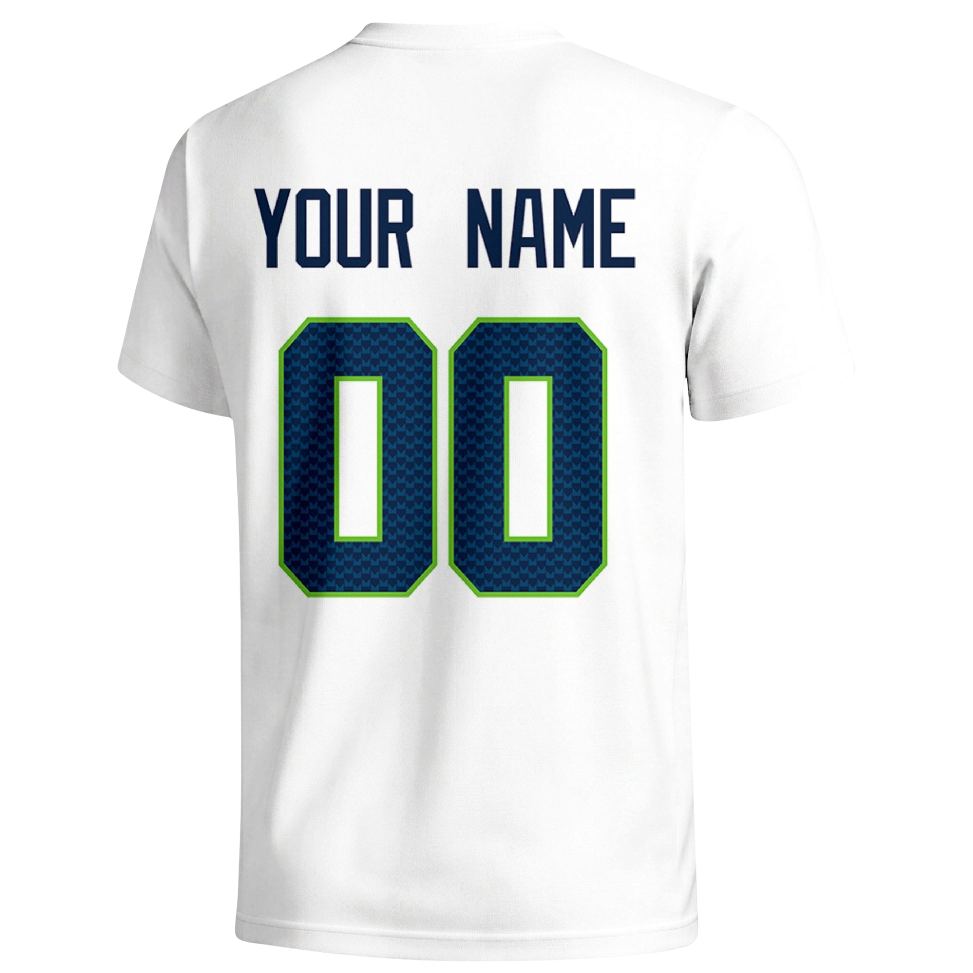 Seattle personalized football T shirt in White showing the back custom name and number