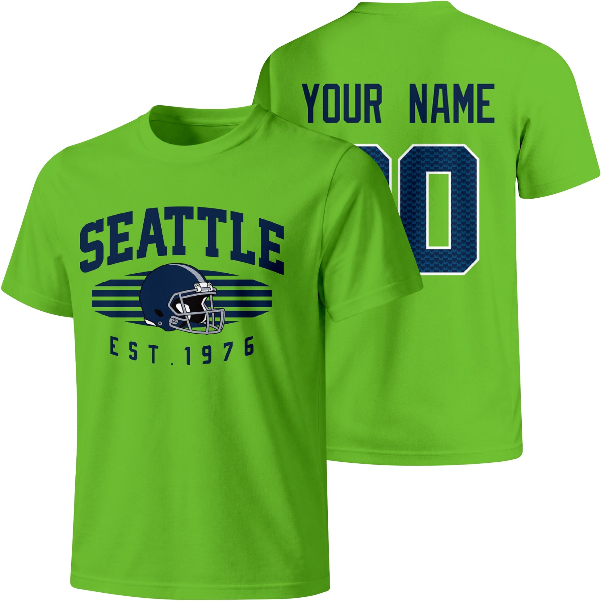 Seattle personalized football T shirt in Neon Green showing front city design and back custom name and number