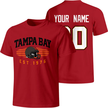Tampa Bay personalized football T shirt in Red showing front city design and back custom name and number