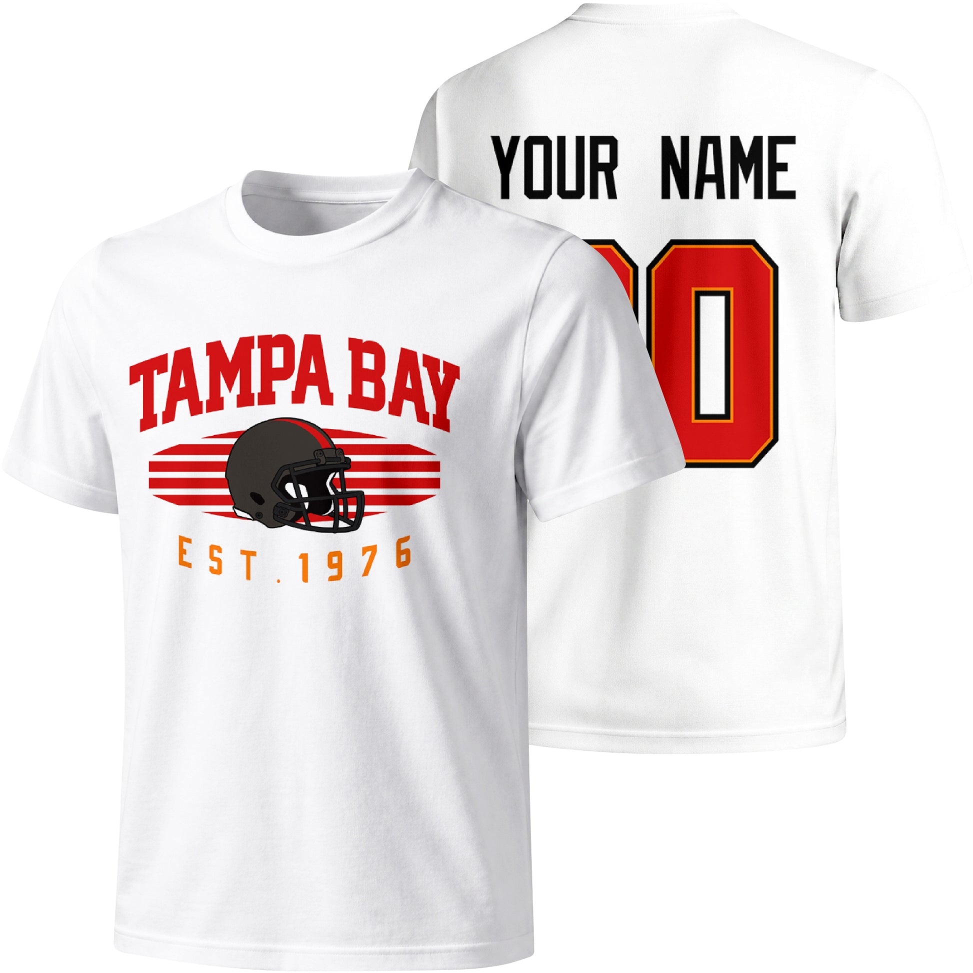 Tampa Bay personalized football T shirt in White showing front city design and back custom name and number