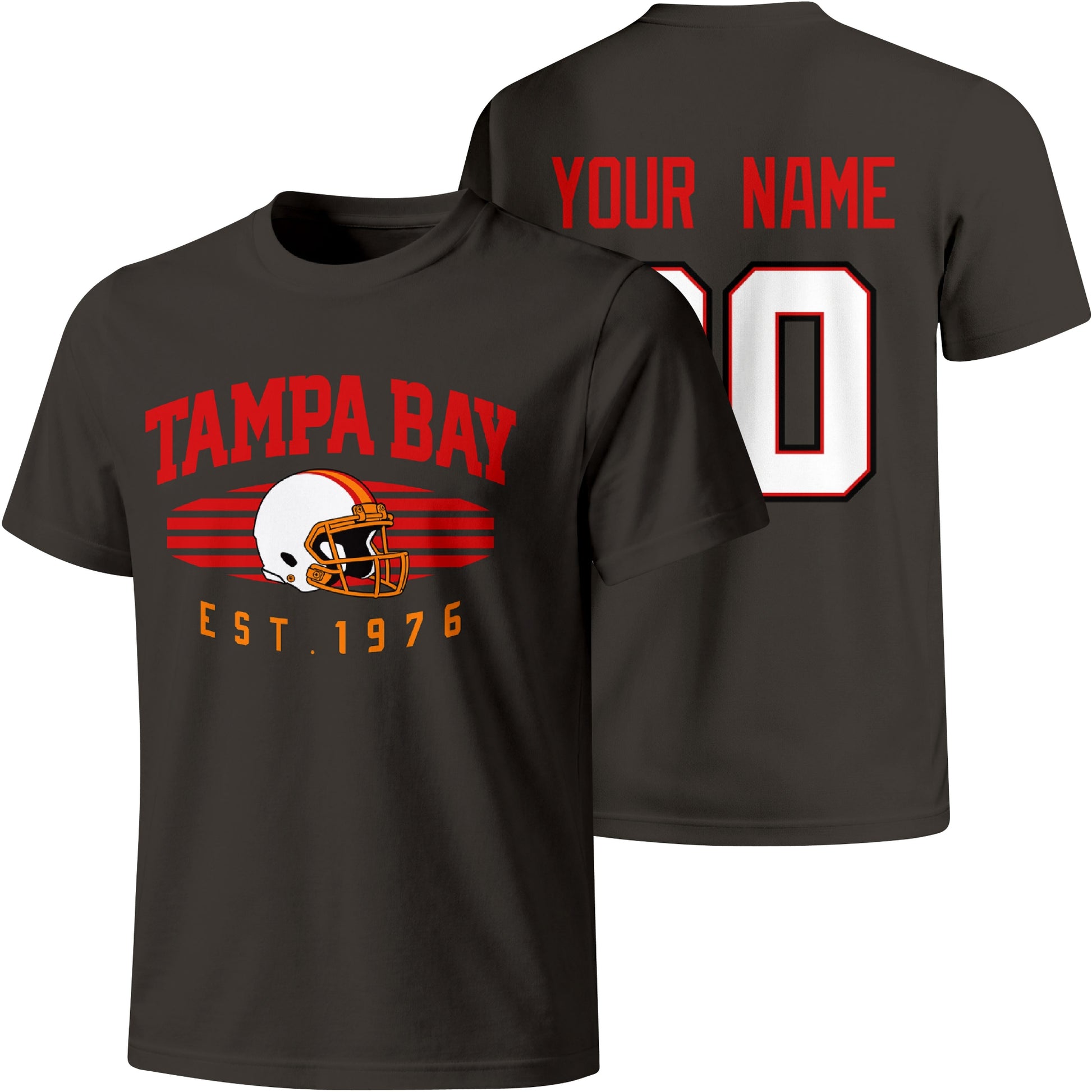Tampa Bay personalized football T shirt in Black showing front city design and back custom name and number
