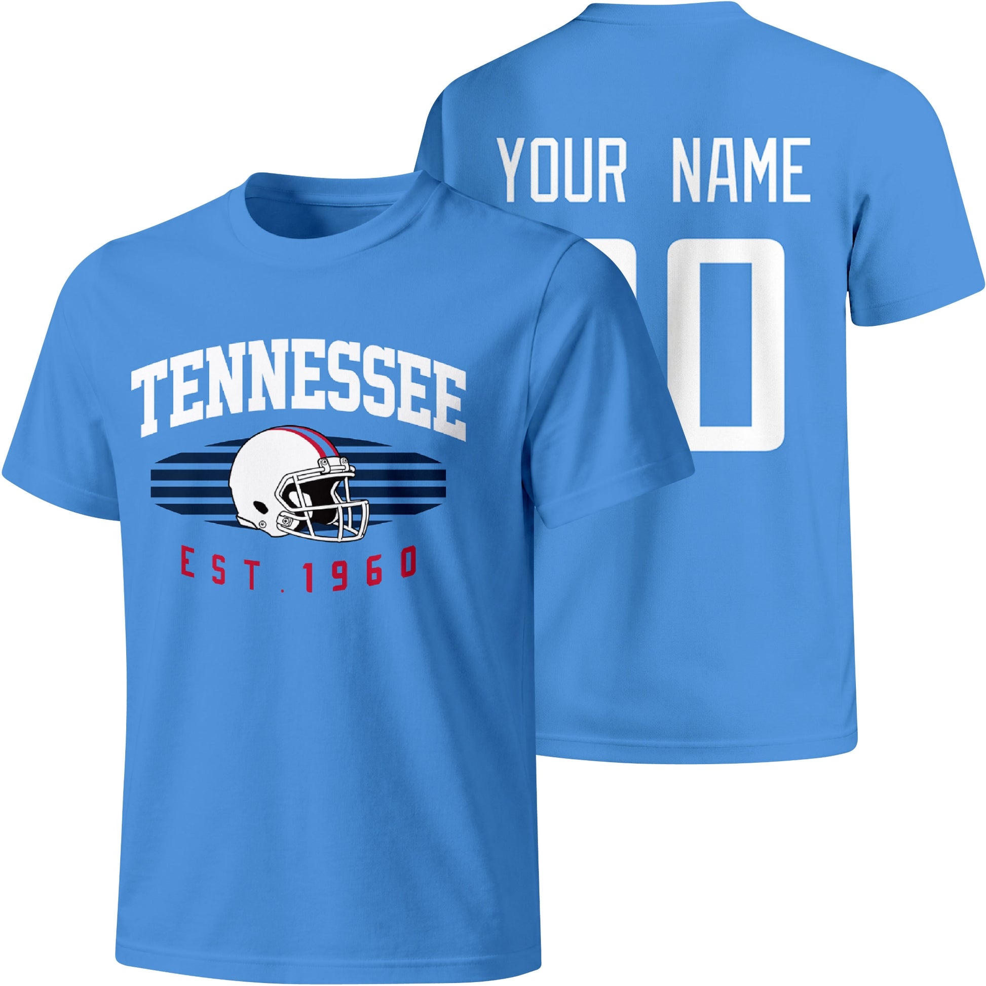 Tennessee personalized football T shirt in Navy showing front city design and back custom name and number