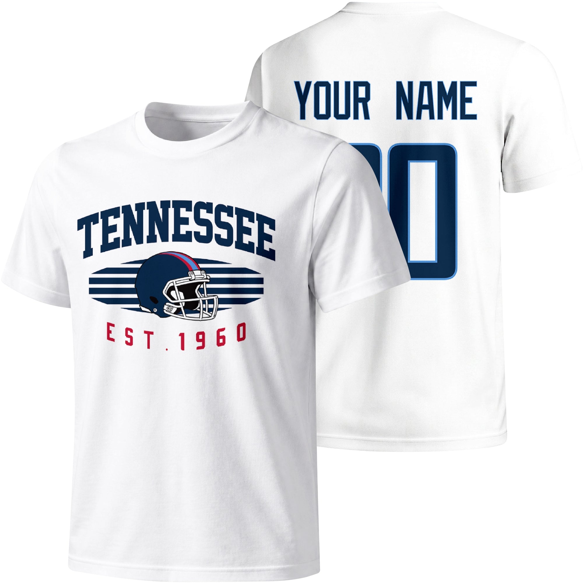 Tennessee personalized football T shirt in White showing front city design and back custom name and number