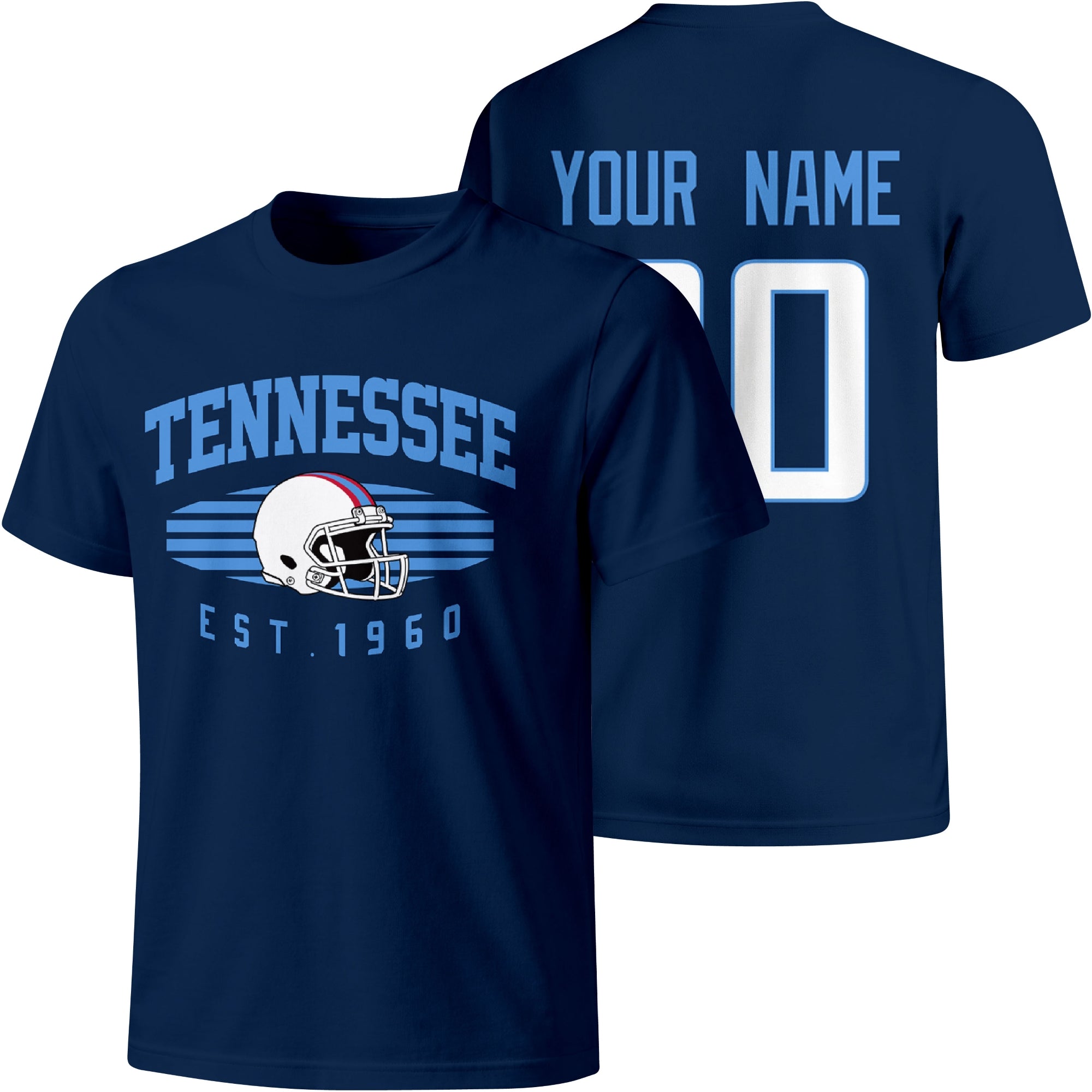 Tennessee personalized football T shirt in Light Blue showing front city design and back custom name and number