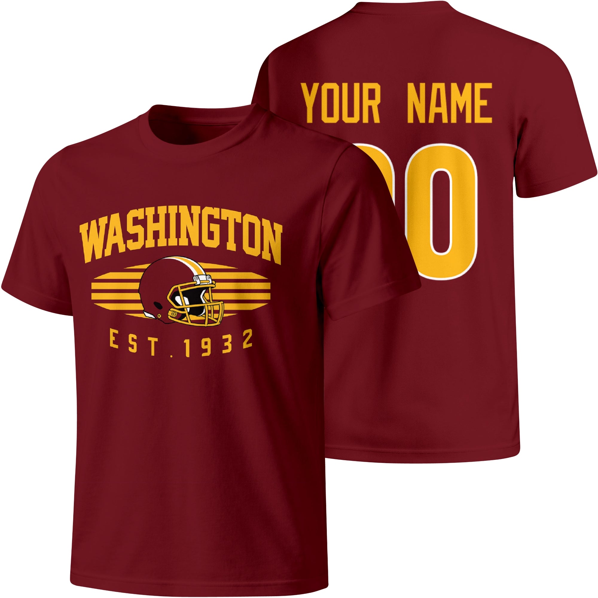 Washington personalized football T shirt in Burgundy showing front city design and back custom name and number