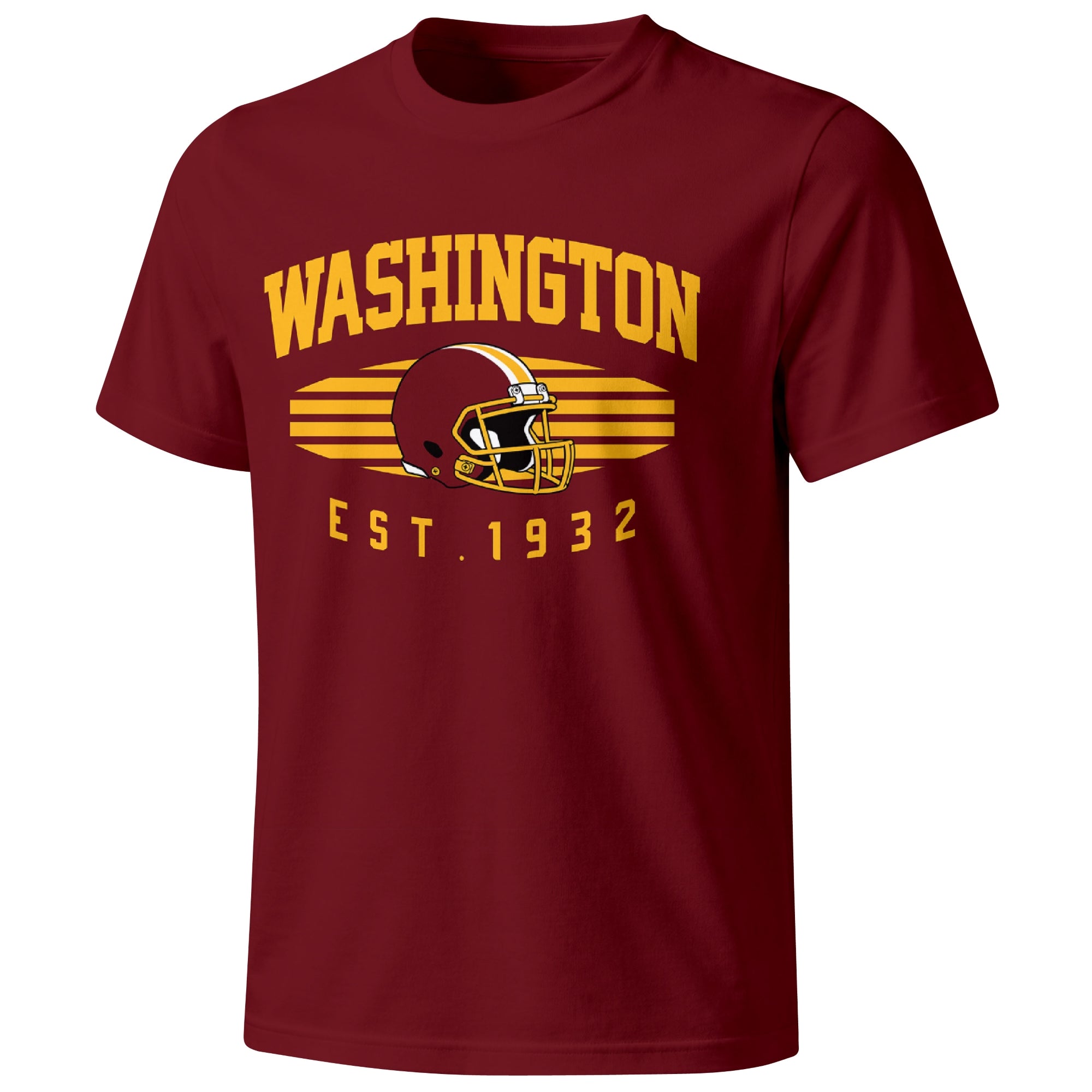 Washington football T shirt in Burgundy showing the front city and football design