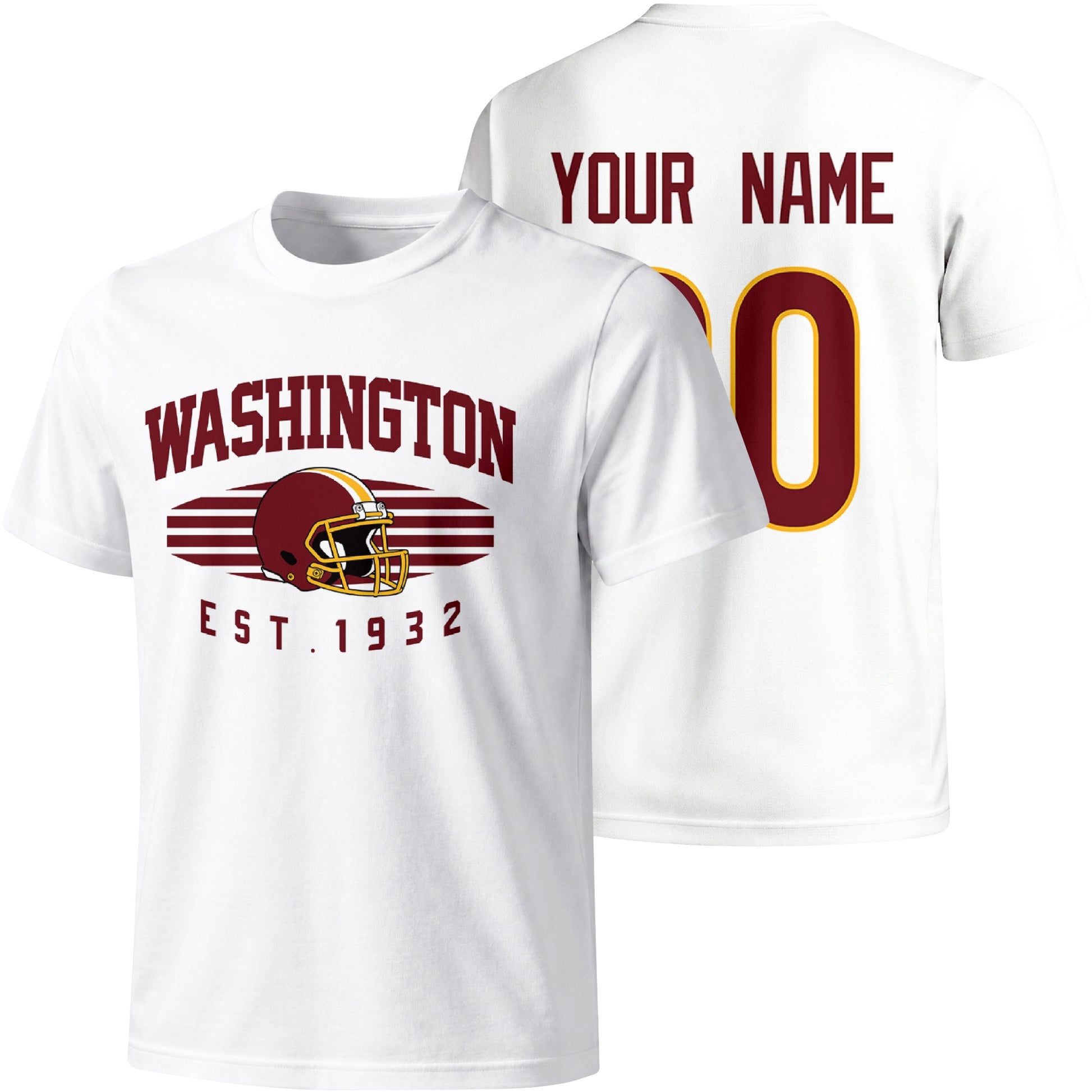 Washington personalized football T shirt in White showing front city design and back custom name and number