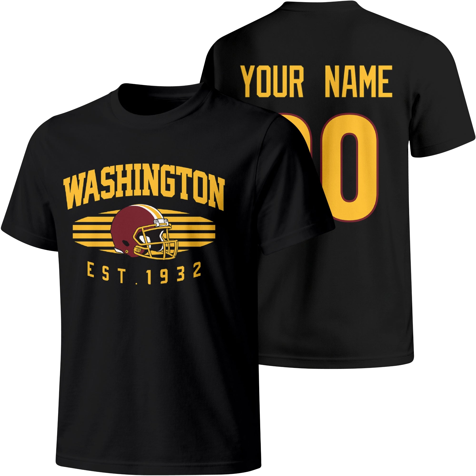 Washington personalized football T shirt in Black showing front city design and back custom name and number