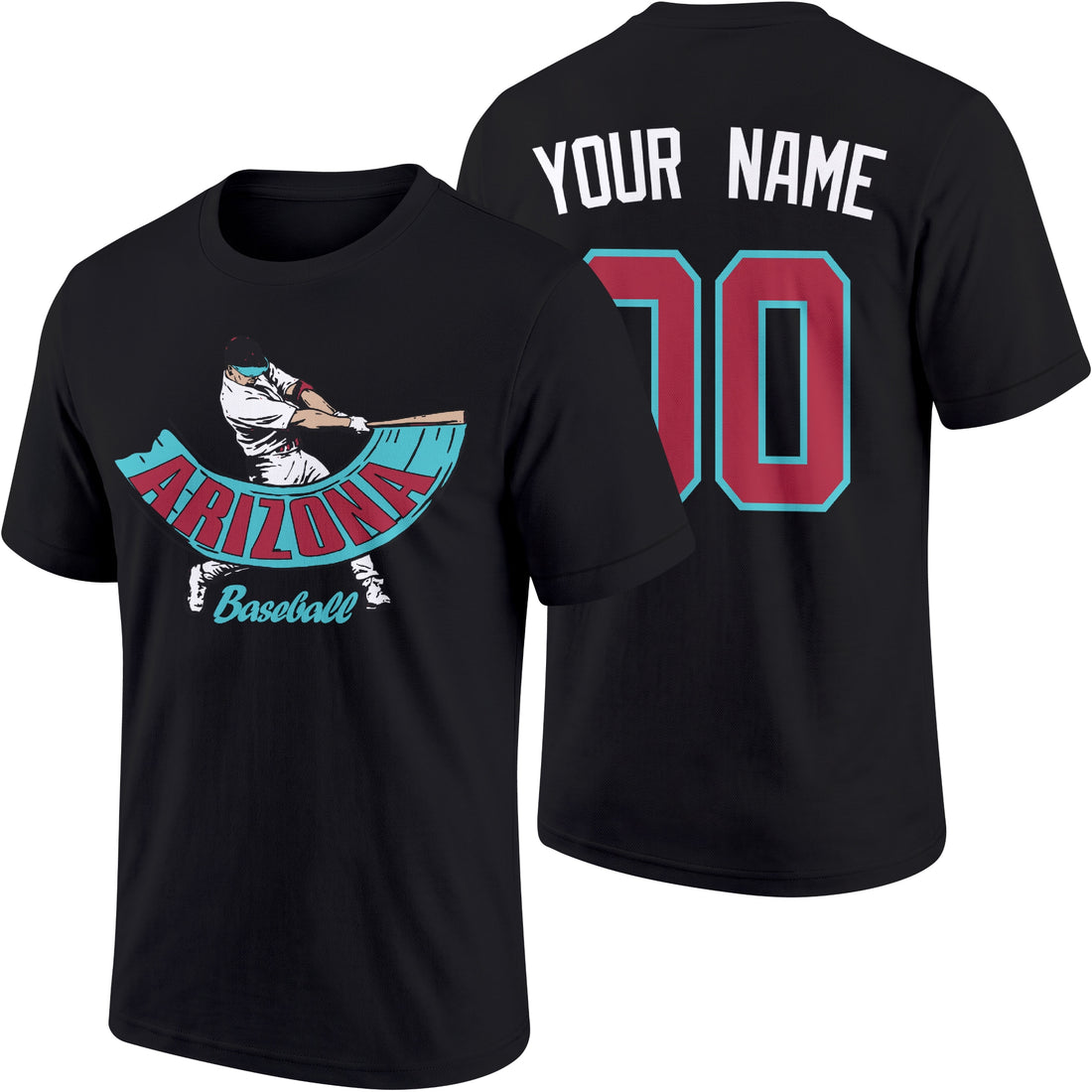 Arizona personalized adult baseball batter T shirt in Black showing front and back with custom name and number